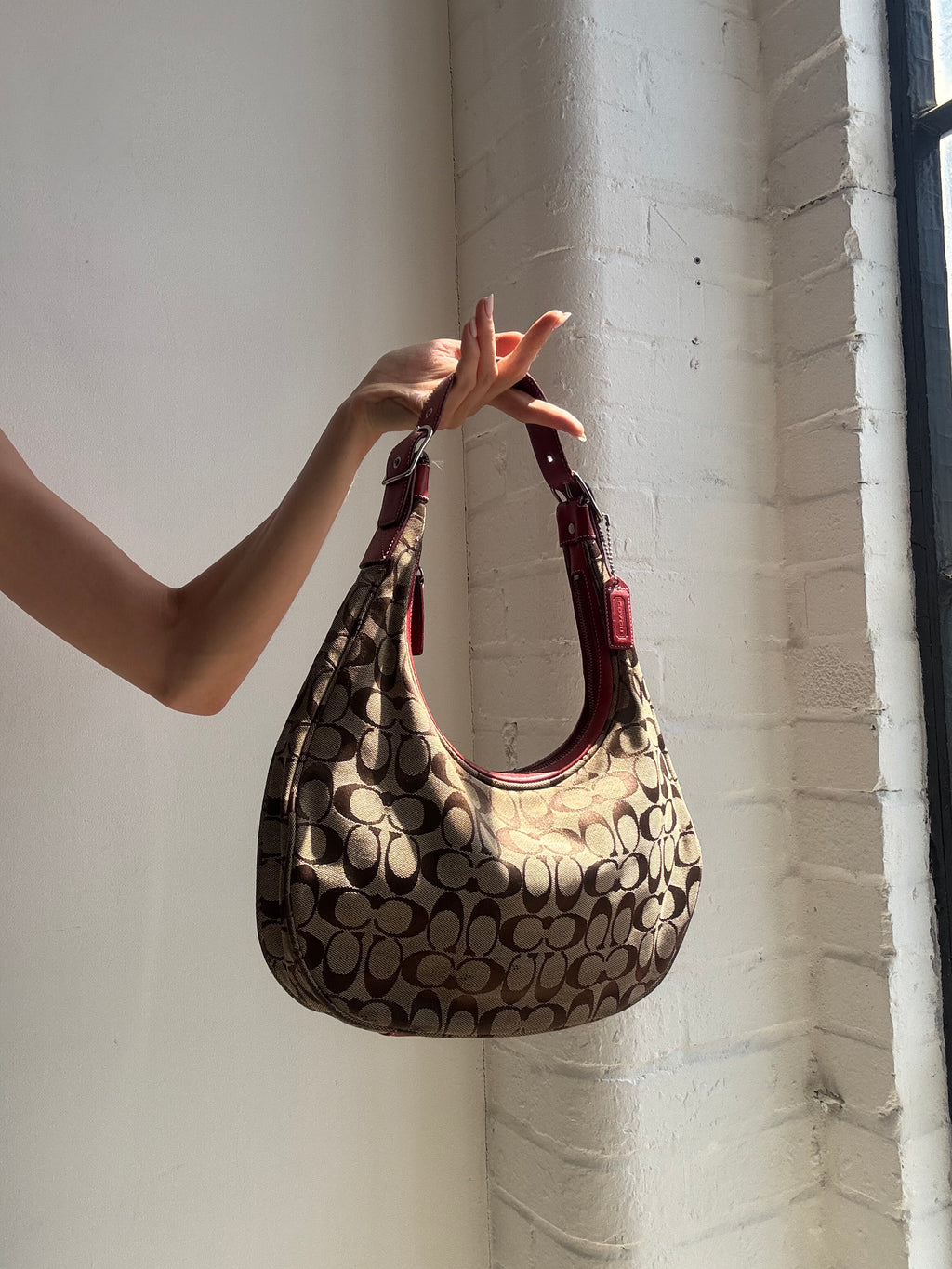 Vintage Y2K Coach Signature Hobo Shoulder Bag Brown Red