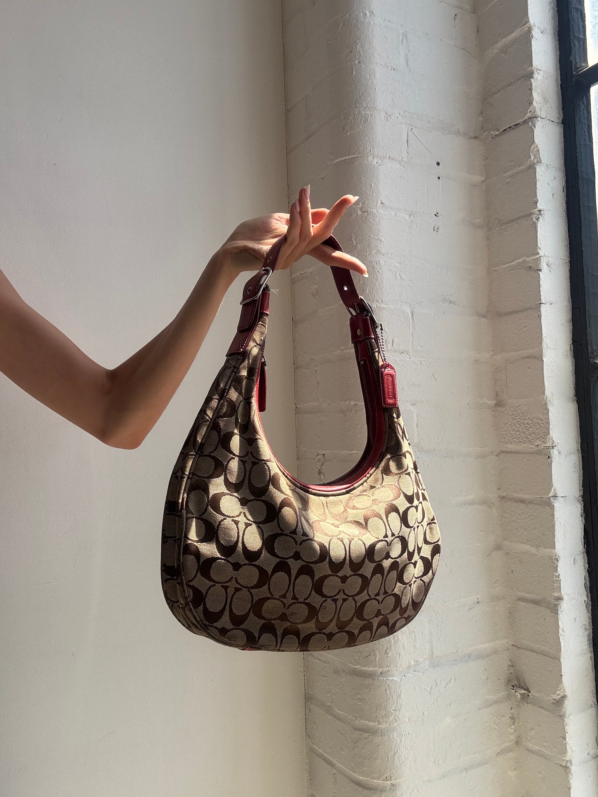 Vintage Y2K Coach Signature Hobo Shoulder Bag Brown Red