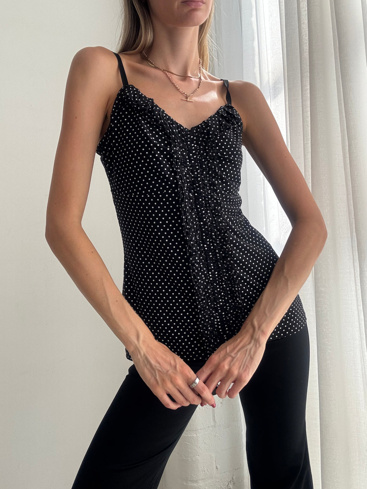 Vintage Y2K Black Polkadot Cami Top Ruffle - Size M