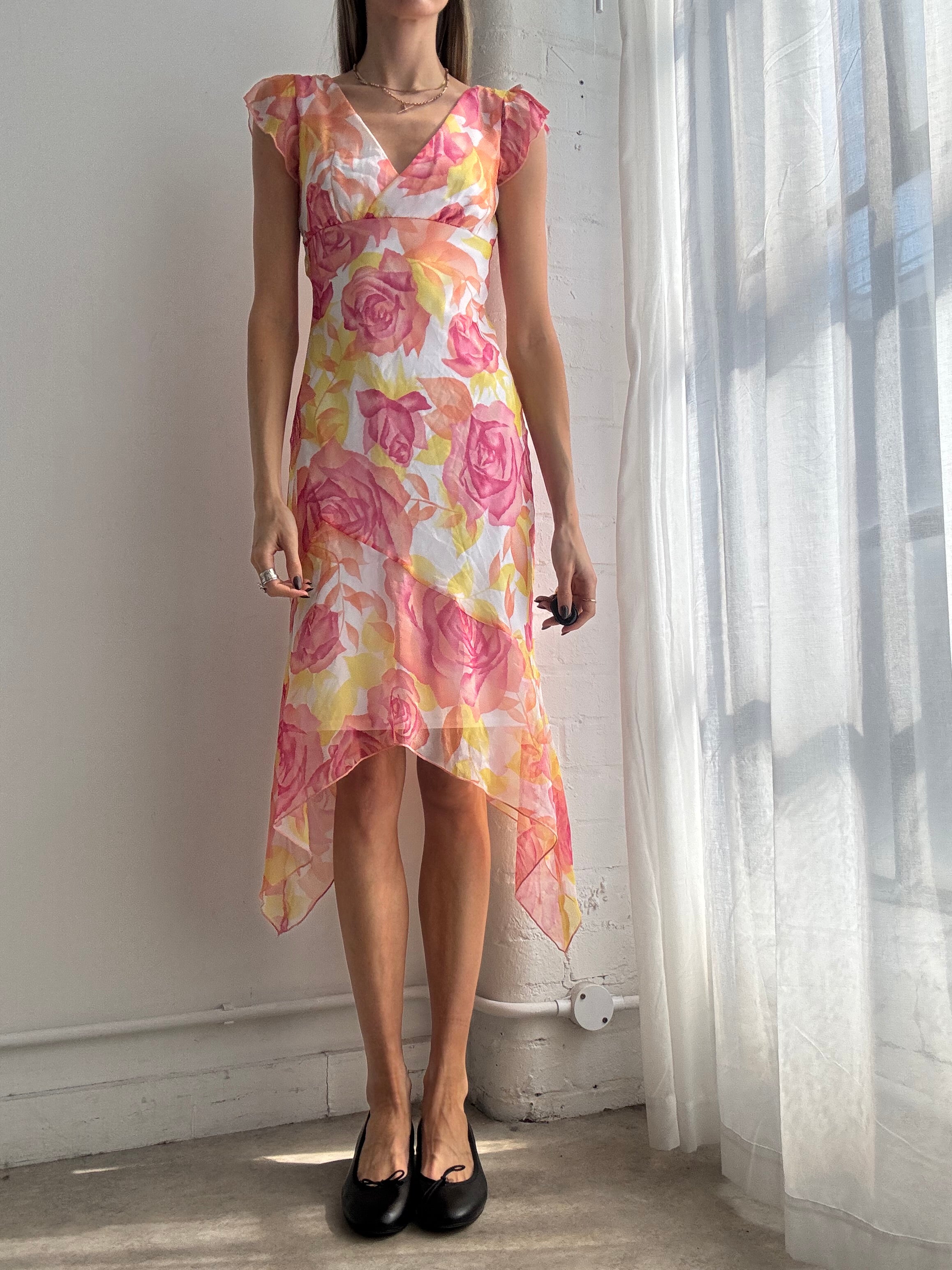 Vintage Y2K pastel floral asymmetrical mesh midi dress - size XS