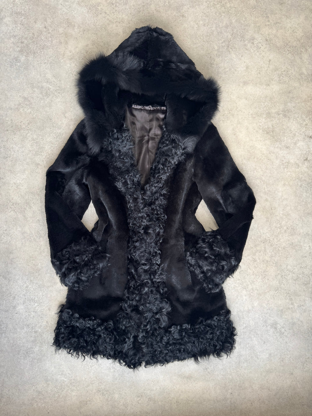 Vintage 90s hooded fur coat black