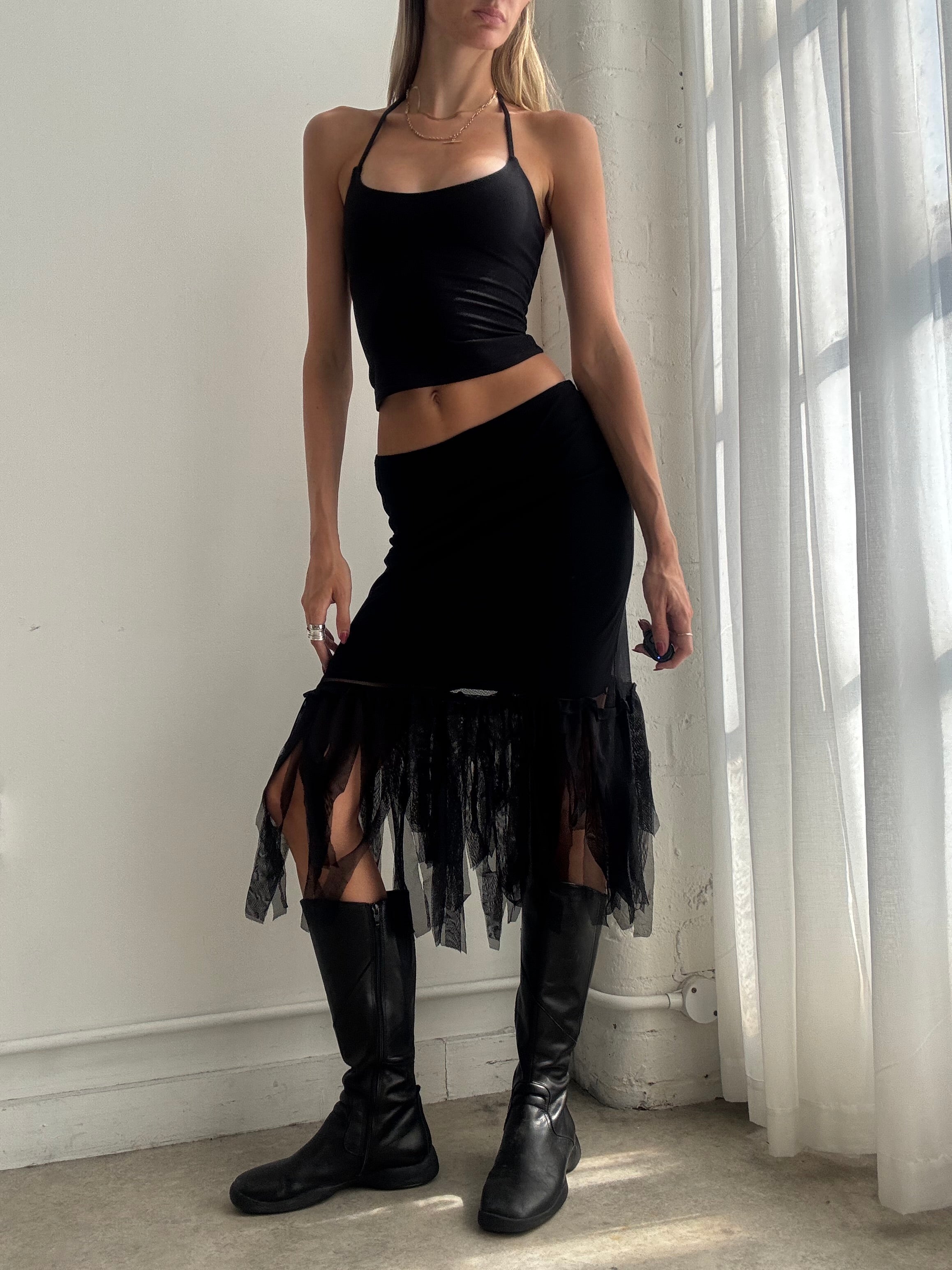 Vintage 90s Black Asymmetric Mesh Midi Skirt - Size XS/S