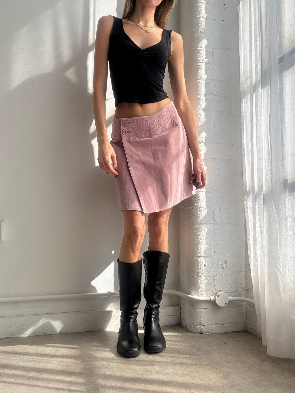 Vintage Y2K pink suede wrap midi skirt