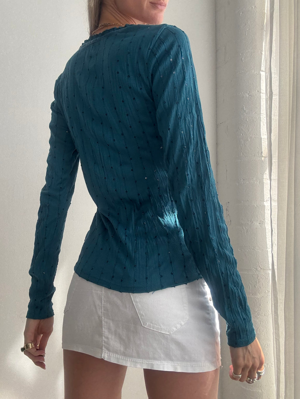 Vintage Y2K Teal Crinkle Sequin Long Sleeve Top - Size M