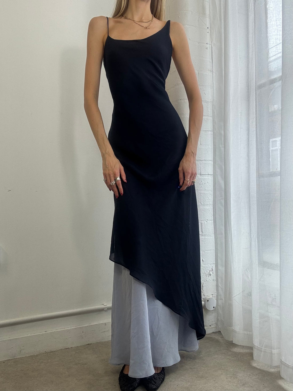 Vintage 90s Navy Blue One Shoulder Asymmetric Evening Dress