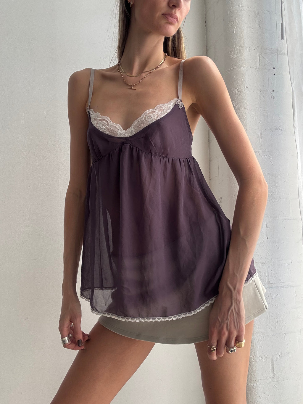 Vintage Y2K purple mesh & lace cami top - Size S