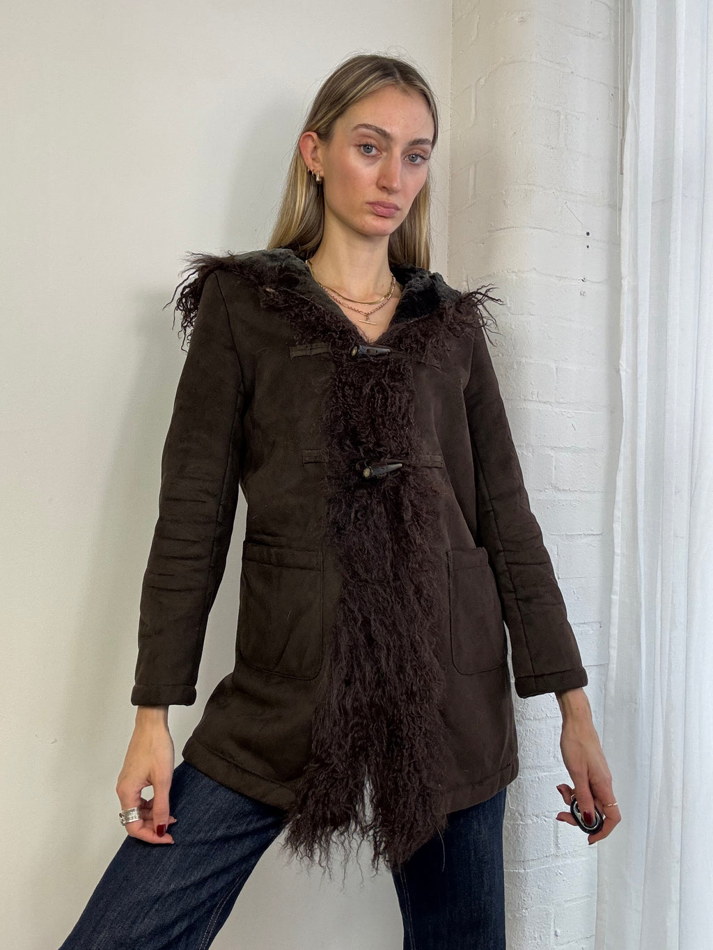 Vintage Y2K brown faux suede hooded coat with Mongolian fur trim
