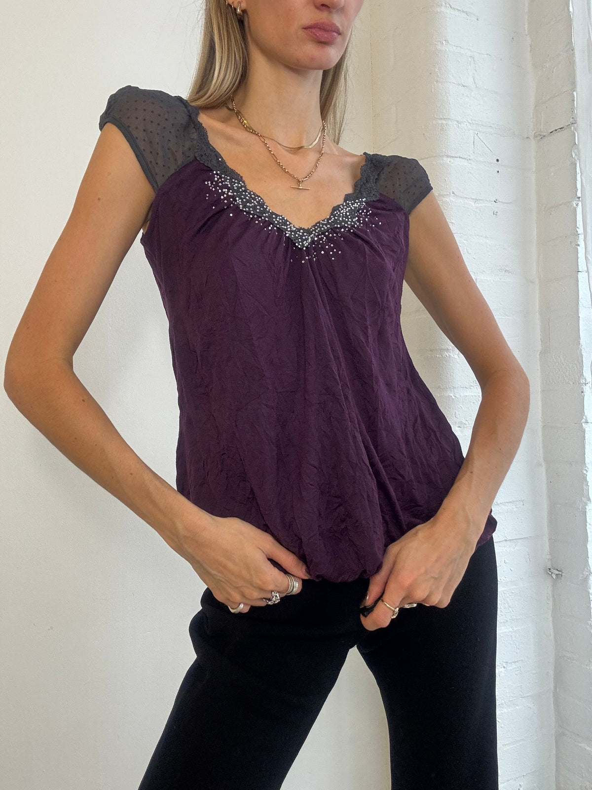 Vintage Y2K Plum Purple Embellished Tie Back Top - Size S/M