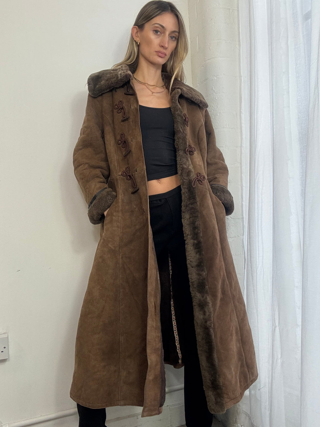 Vintage genuine suede sheepskin long brown coat