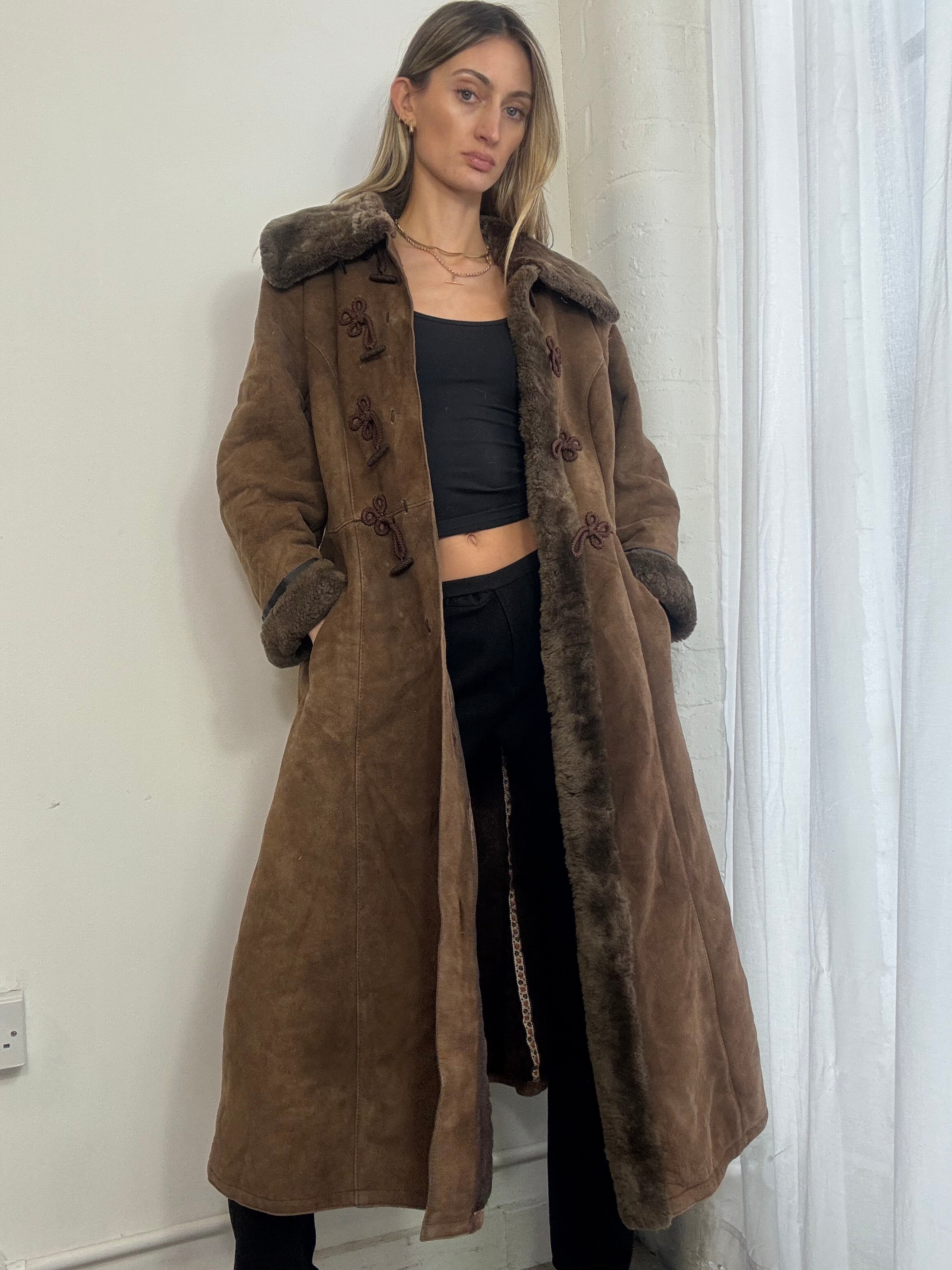 Vintage genuine suede sheepskin long brown coat