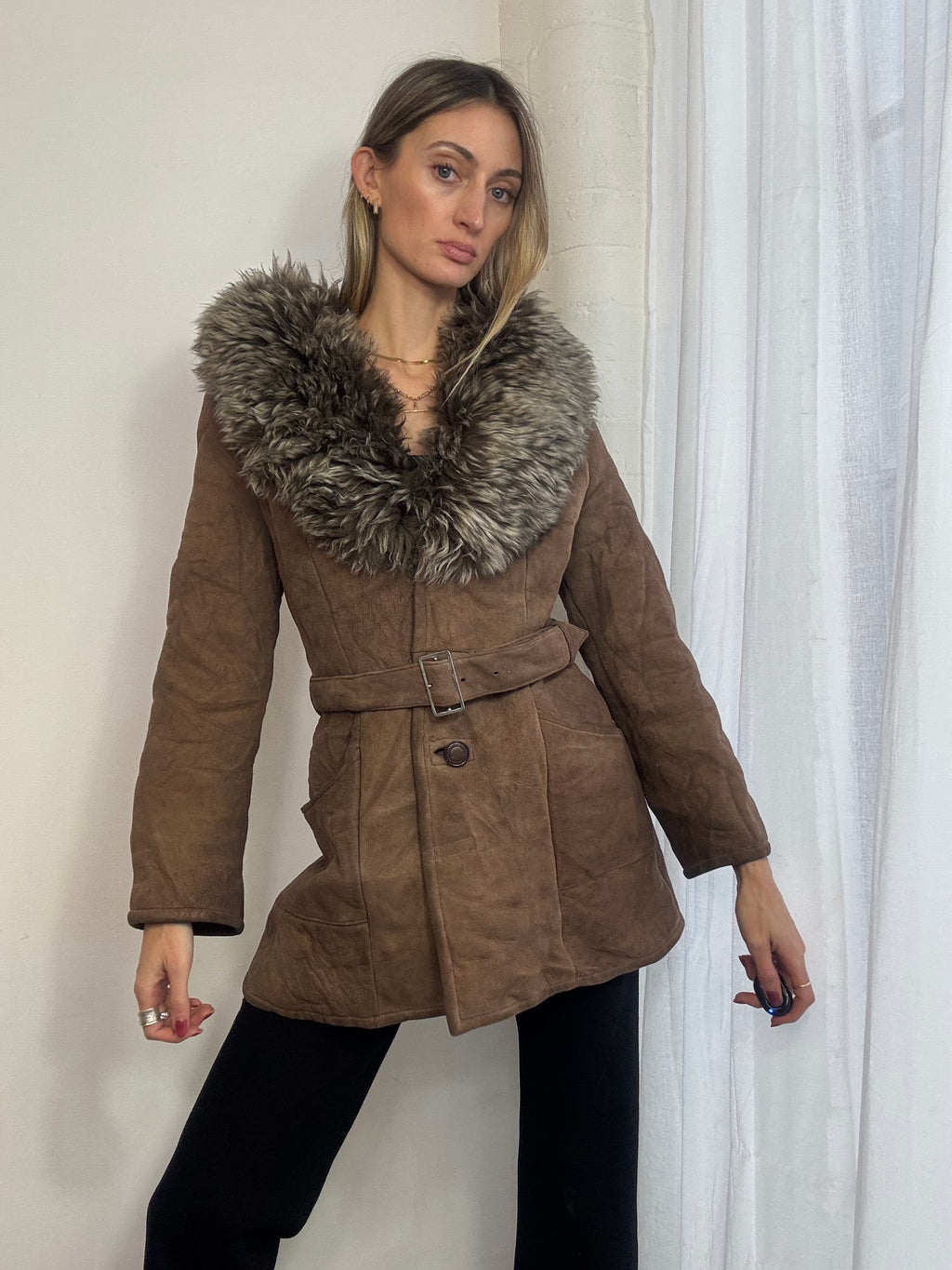 Vintage sheepskin belted coat