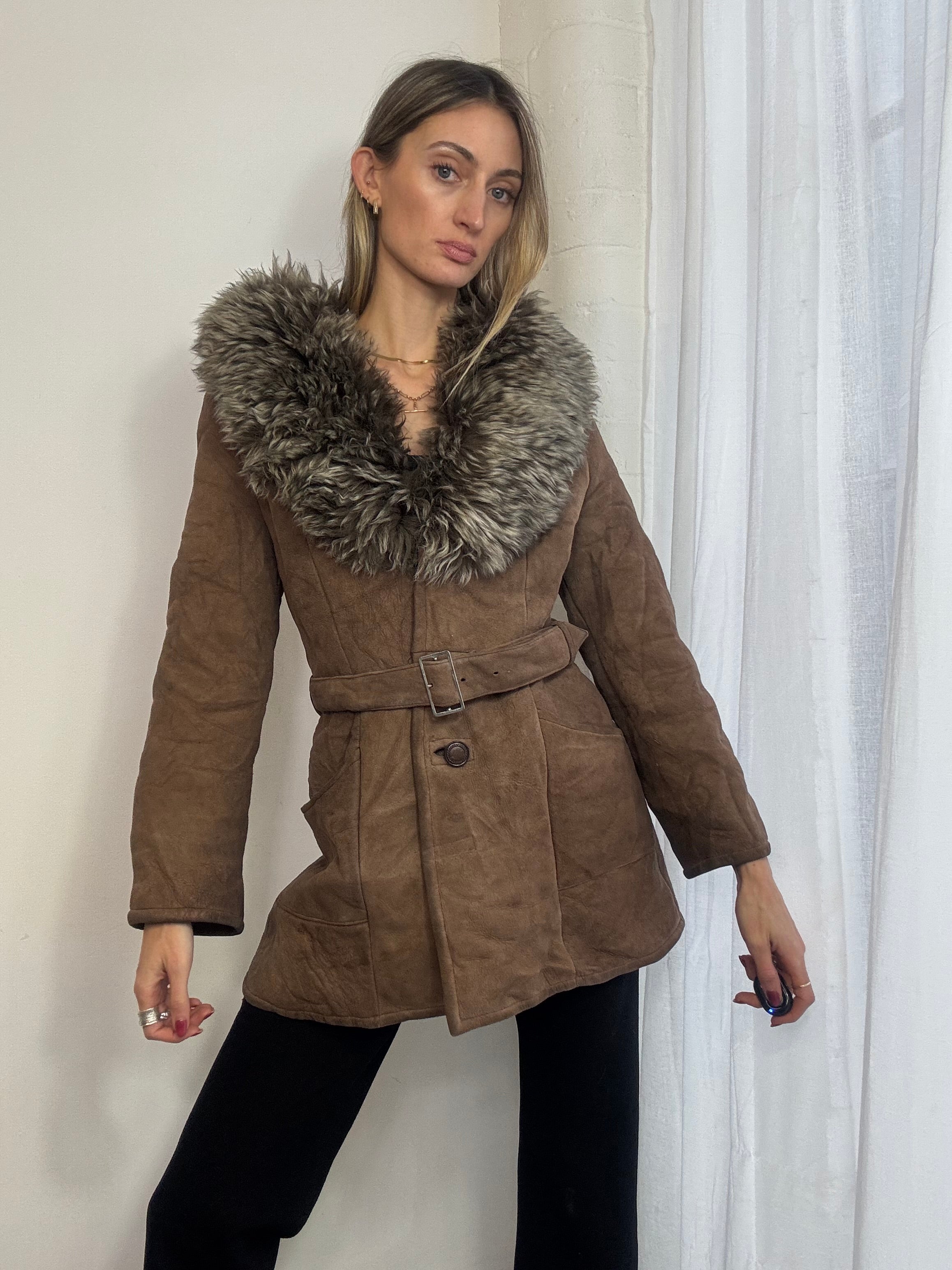 Vintage sheepskin belted coat