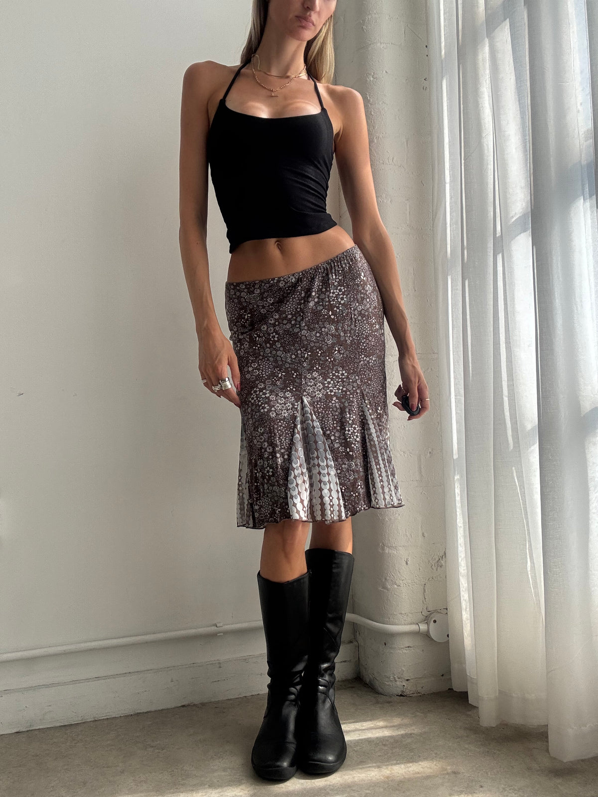 Vintage Y2K Brown Floral Midi Skirt - Size XS/S