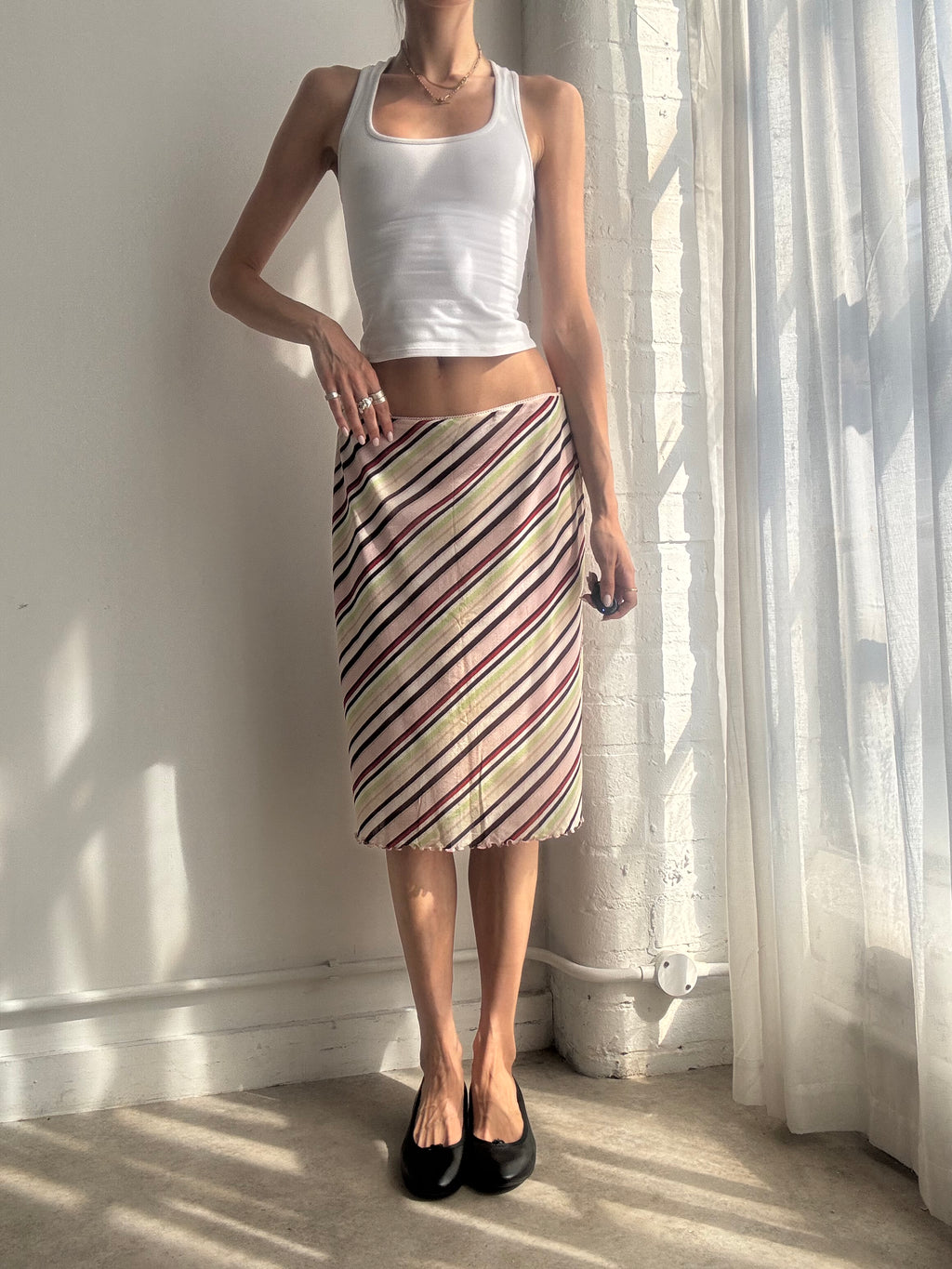 Vintage Y2K Multicolour Stripe Mesh Midi Skirt - Size M/L