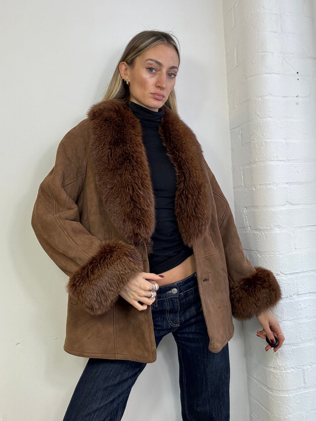 Vintage 90s sheepskin coat with fox fur trim
