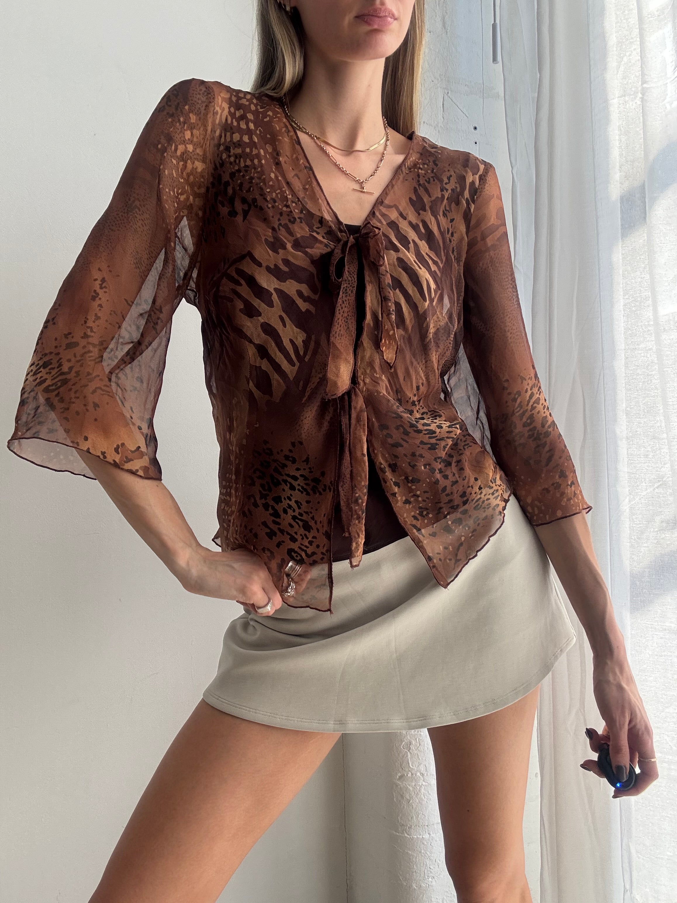 Vintage Y2K brown sheer animal print tie blouse - Size M