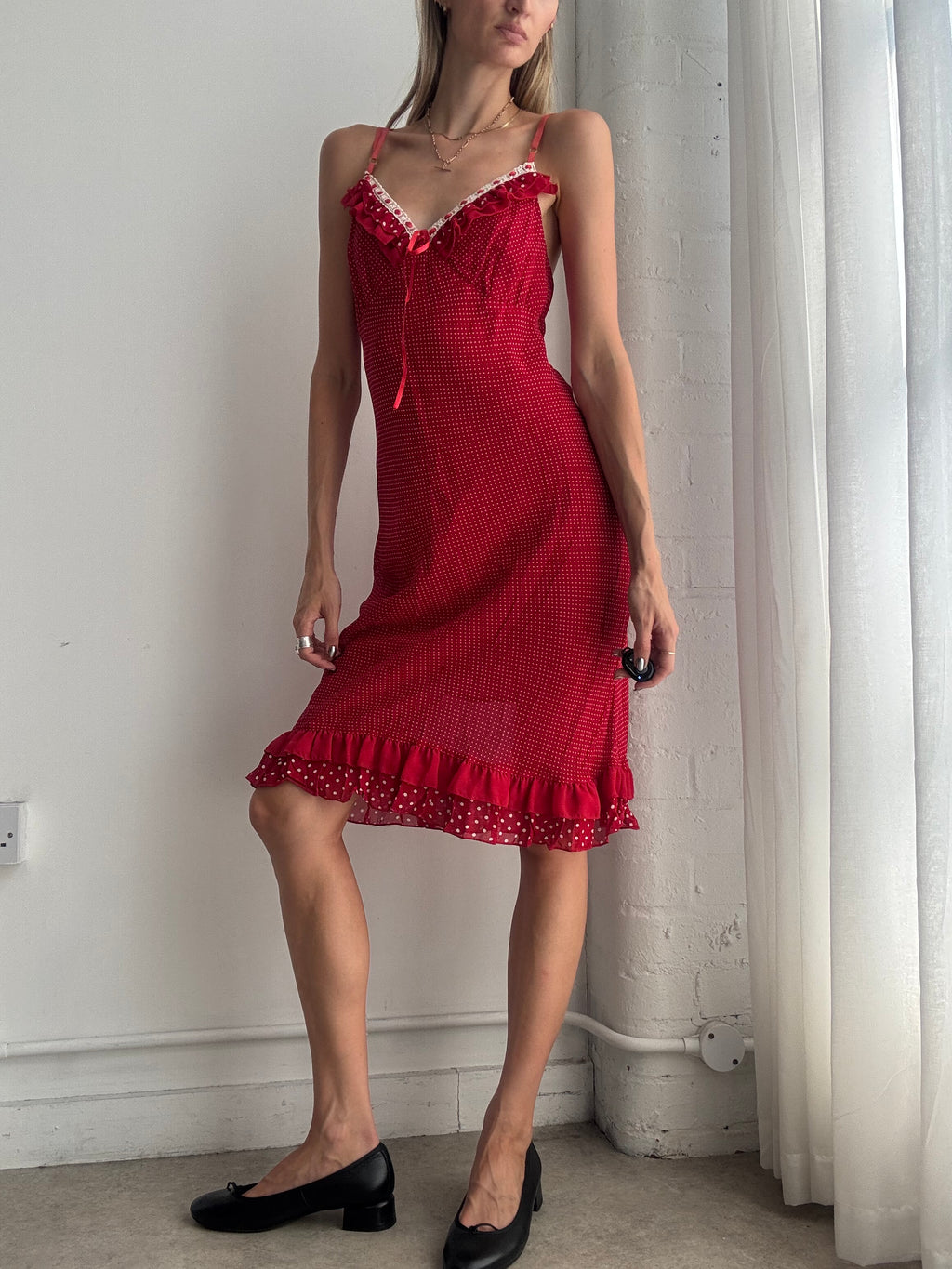 Vintage Y2K Red Polka Dot Ruffle Trim Slip Midi Dress – Size M