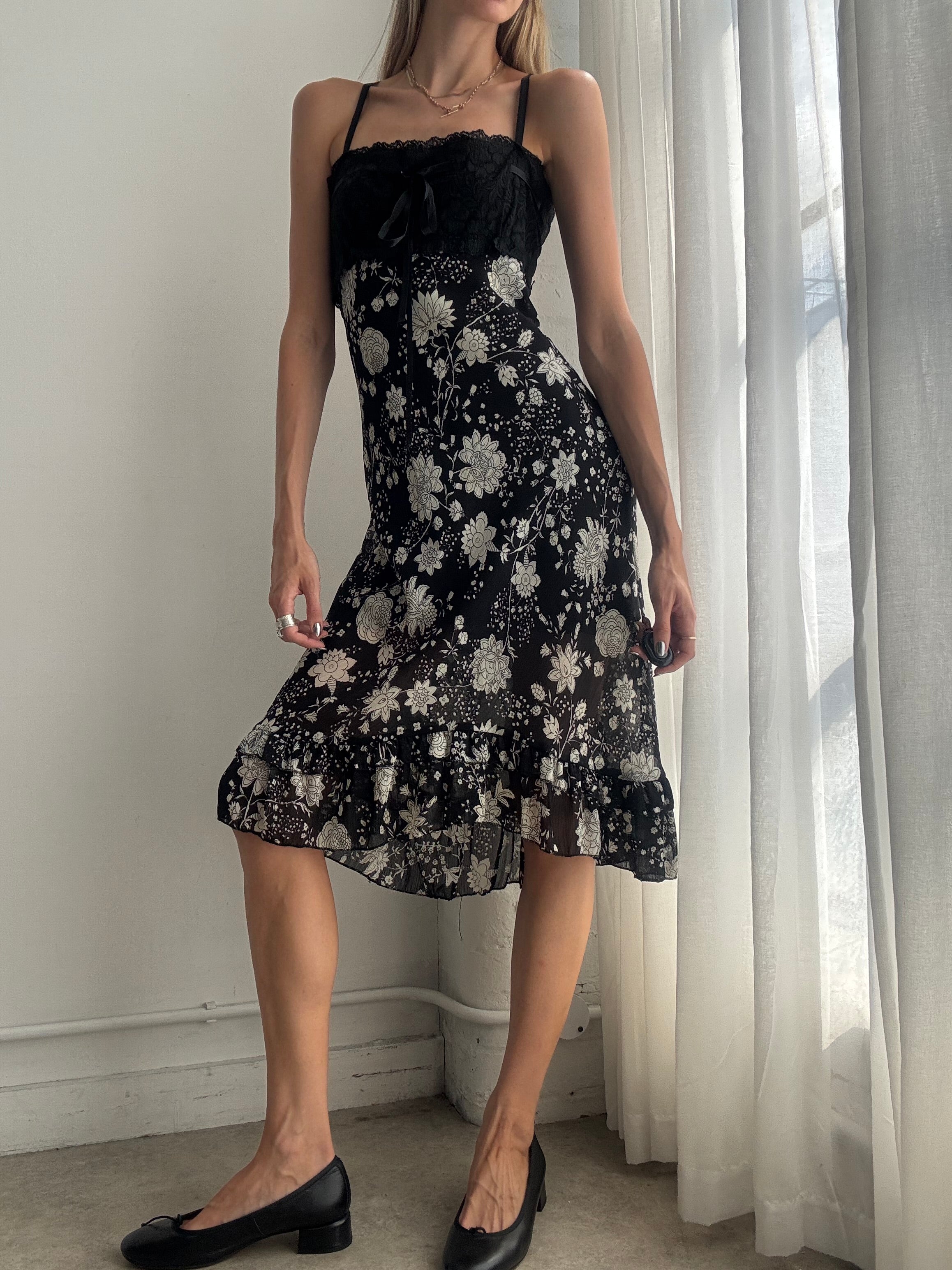 Vintage Y2K Black & White Floral Mesh & Lace Midi Dress – Size M