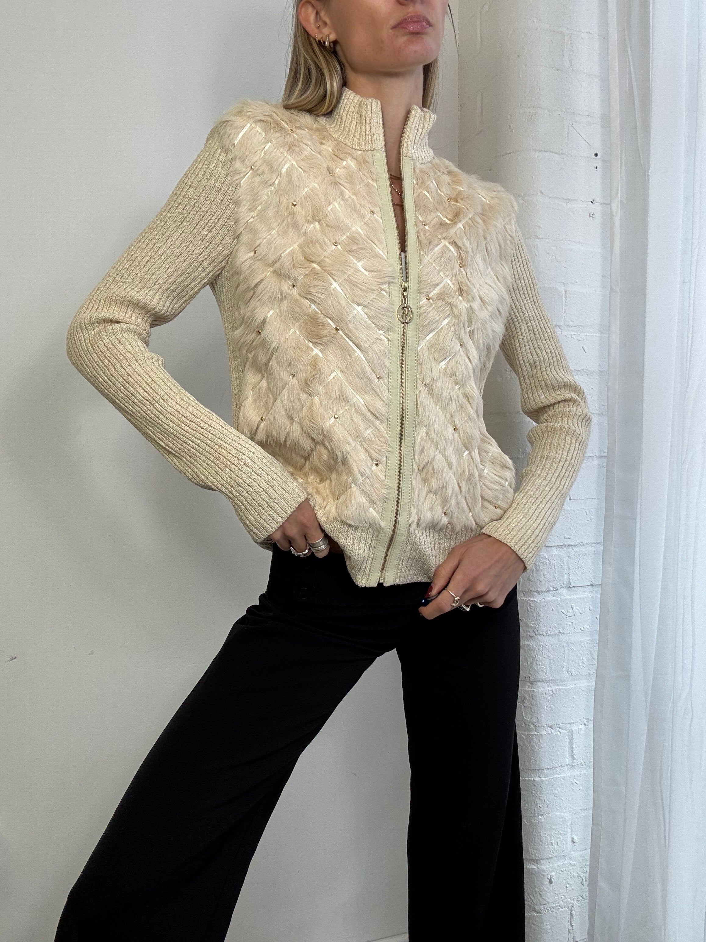 Vintage Y2K cream genuine fur zip up jumper
