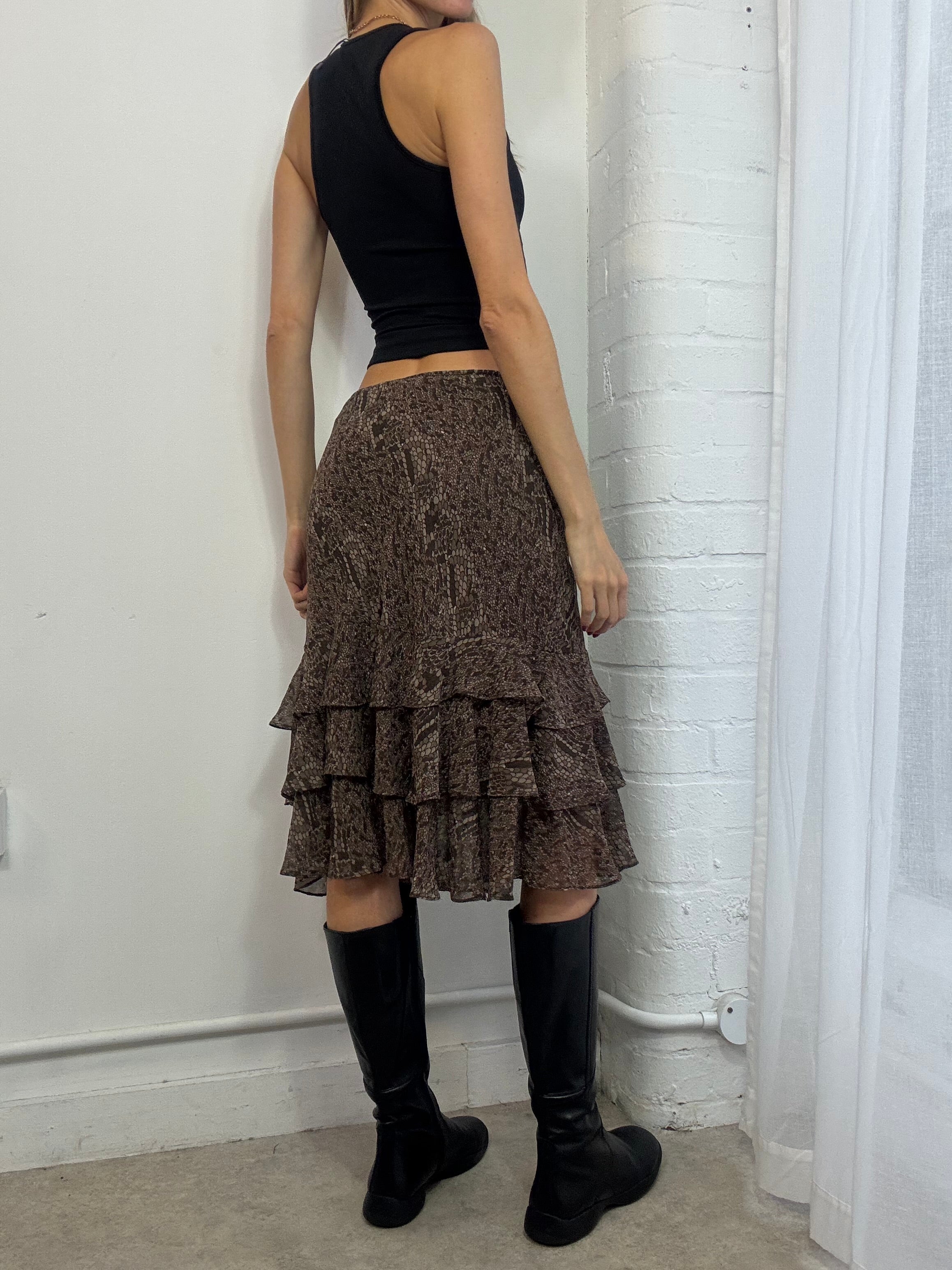 Vintage Y2K brown floral mesh ruffle midi skirt