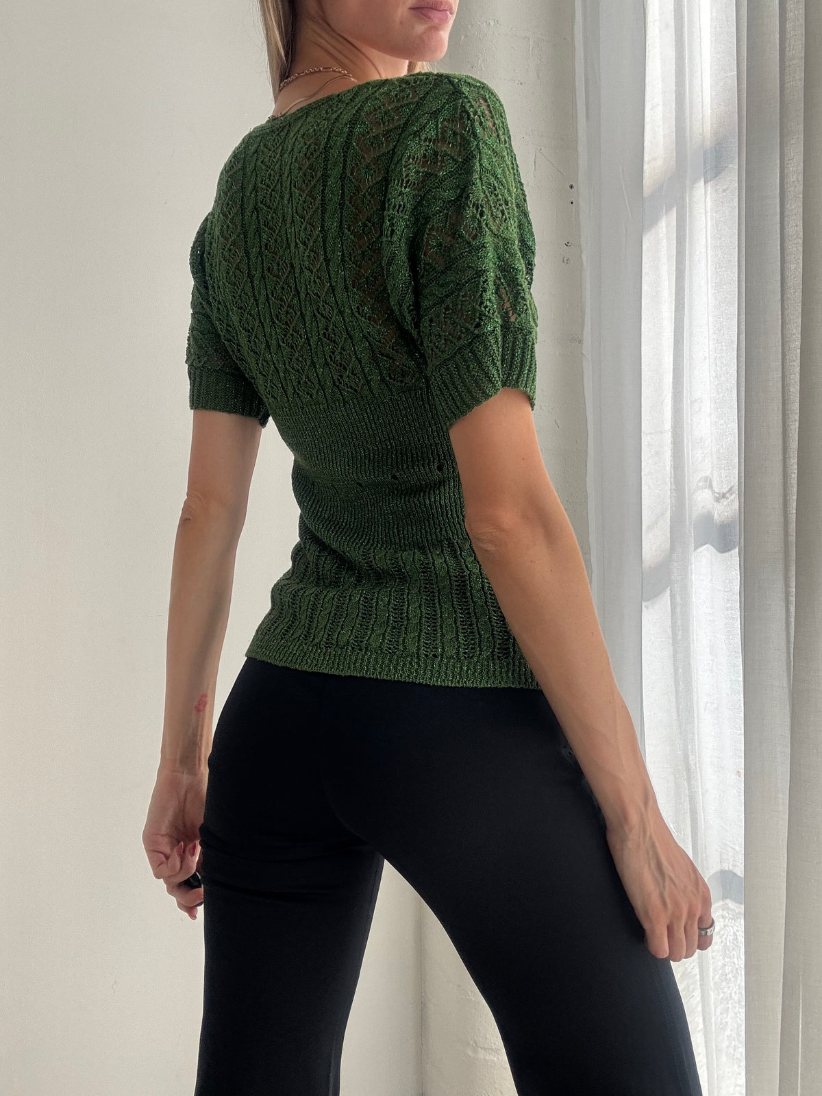 Vintage Y2K Forest Green Crochet Knit V Neck Top - Size S