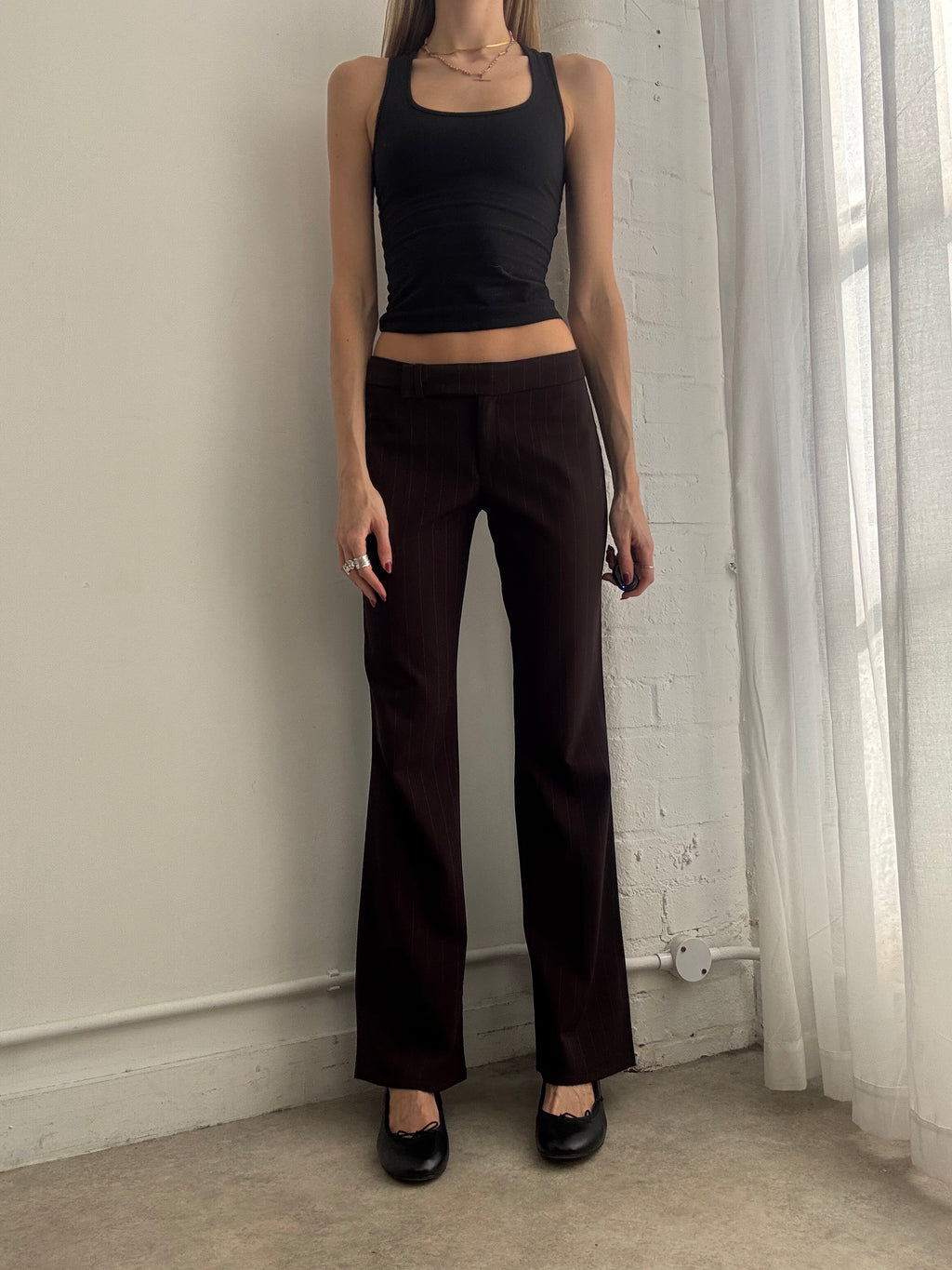 Vintage Y2K dark brown pinstripe low rise trousers