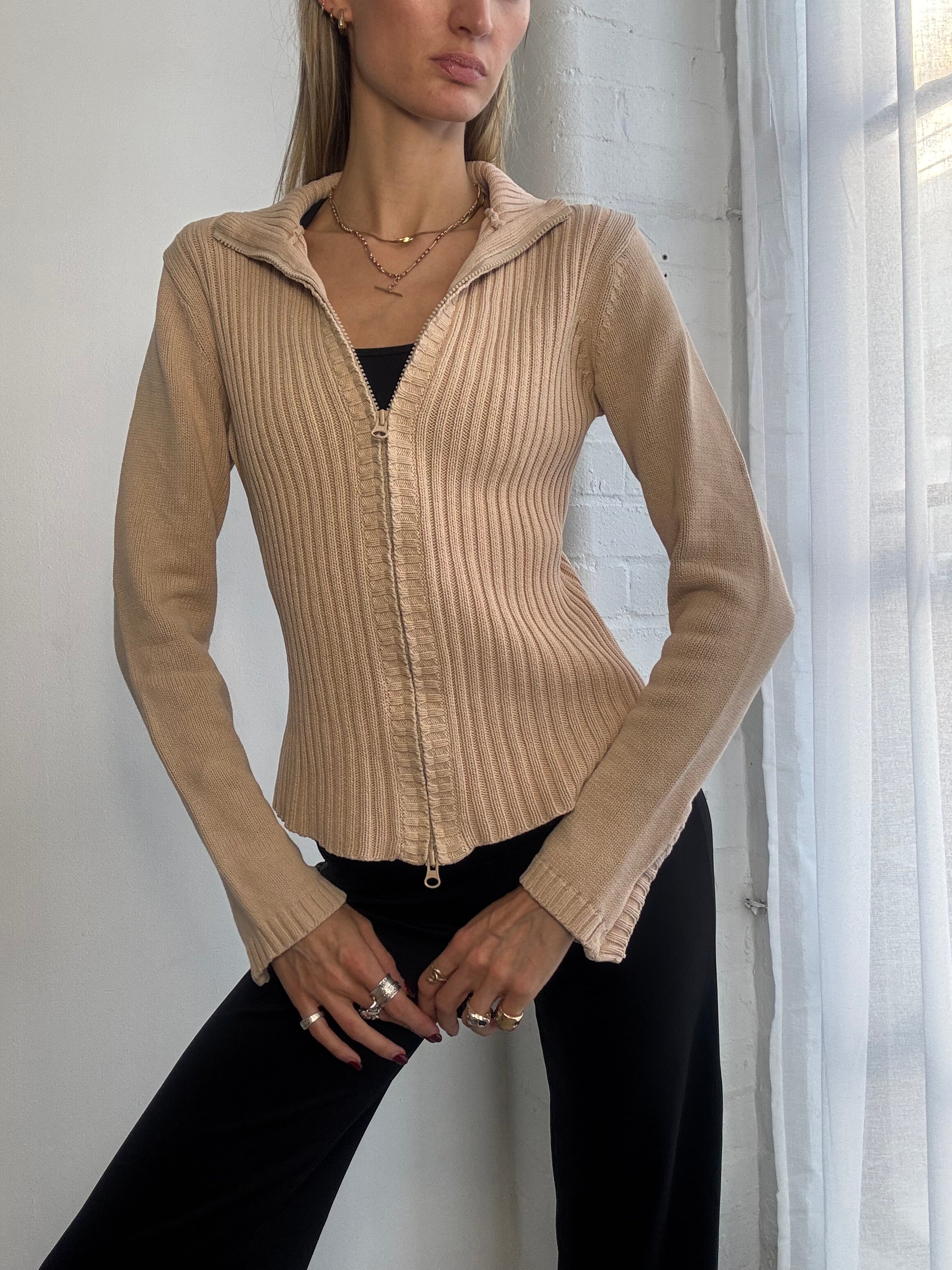 Vintage Y2K ribbed knitted dual zip jumper beige