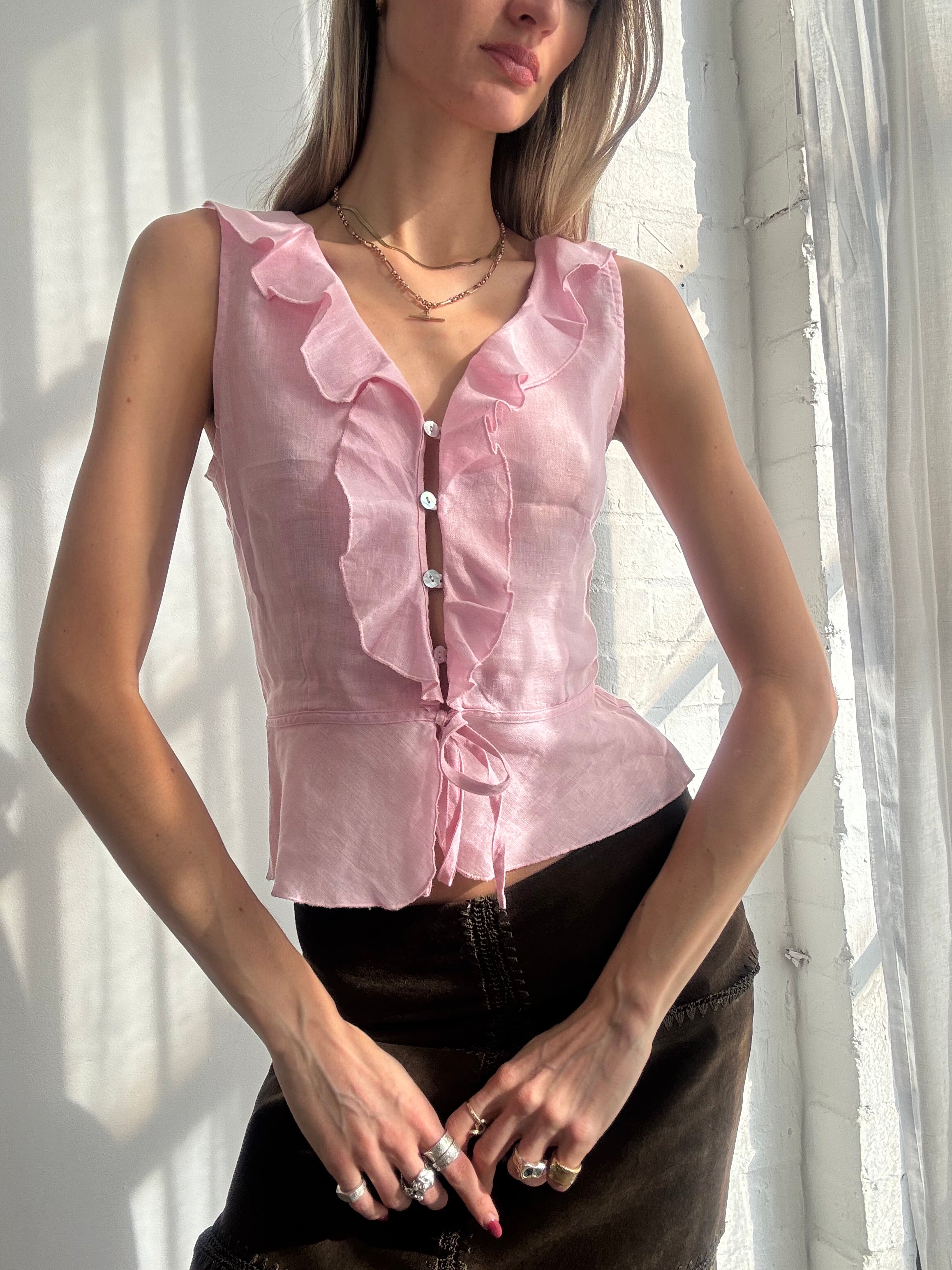 Vintage Y2K pink ruffle front sleeveless blouse