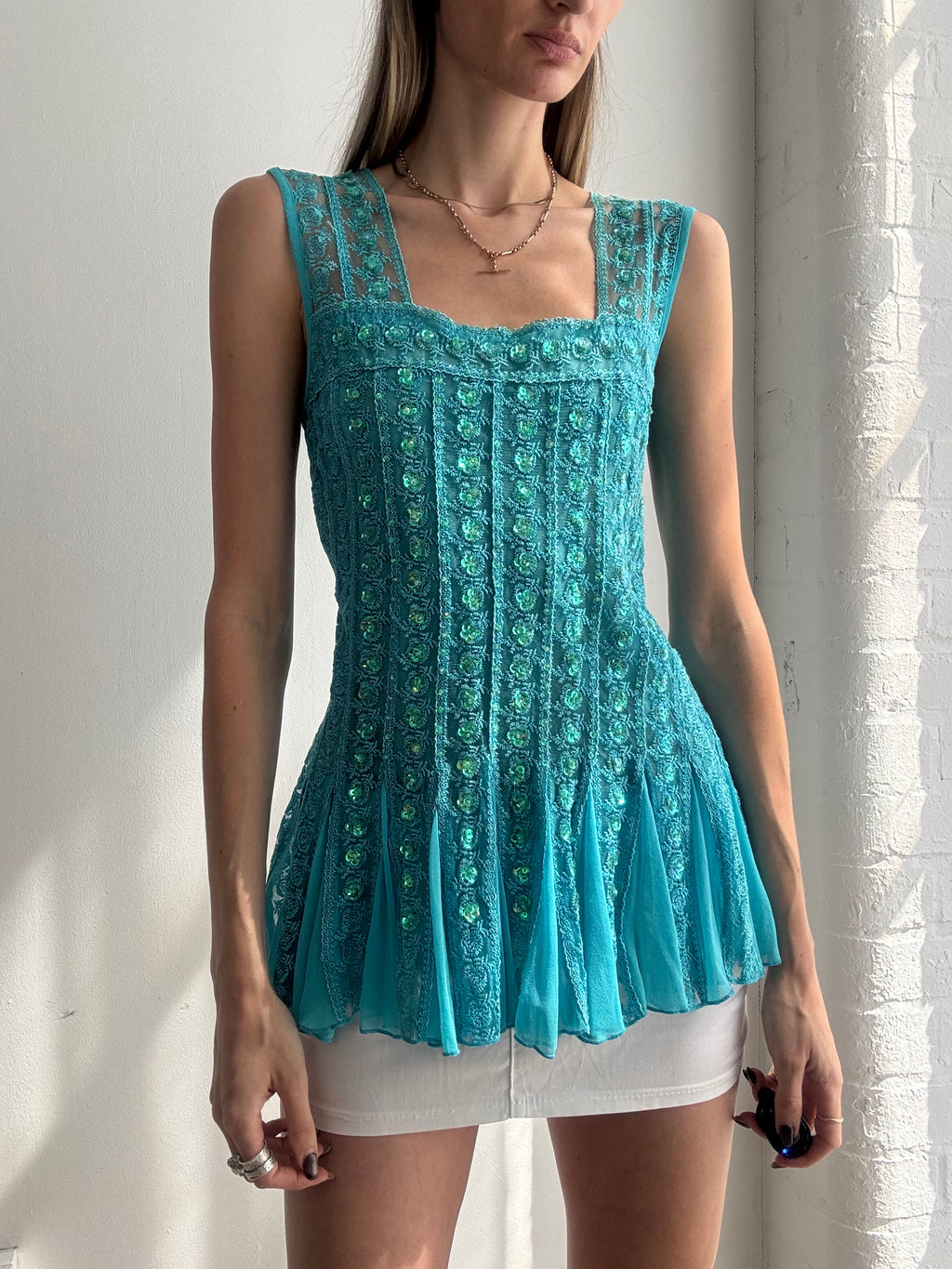 Vintage Y2K turquoise embellished cami top - Size L