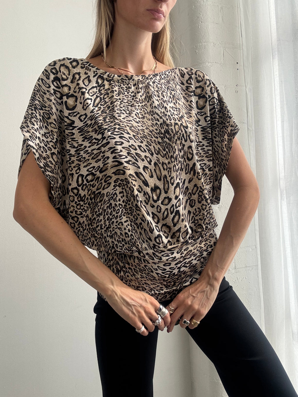 Vintage Y2K Leopard Print Slouchy Batwing Top - Size M