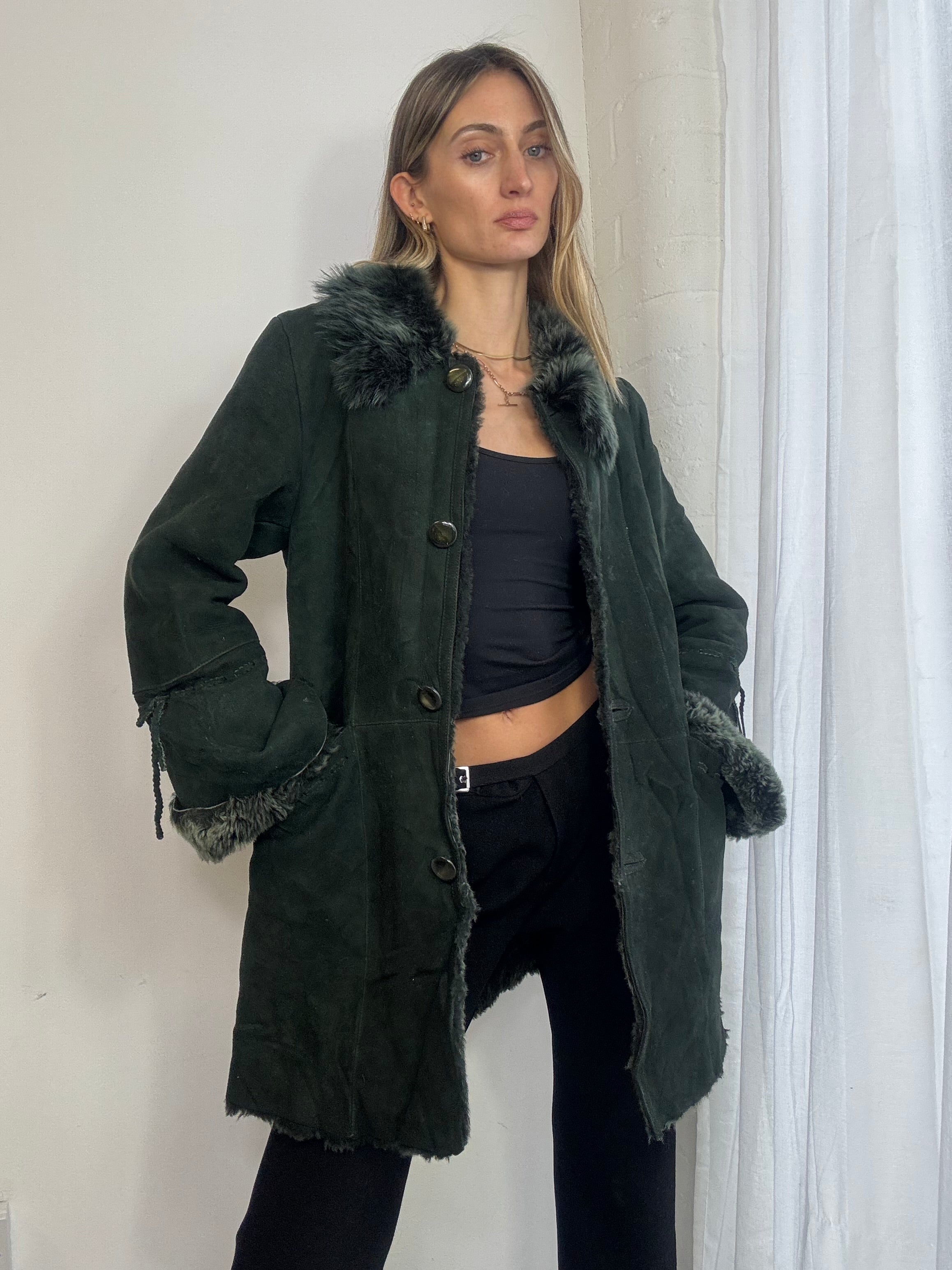 Vintage 90s dark green sheepskin suede coat