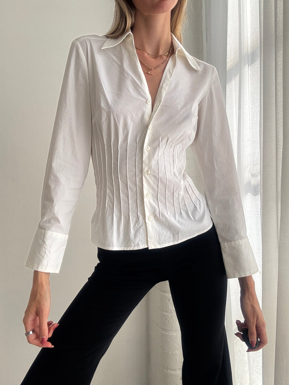 Vintage Y2K White Corset Style Fitted Button Up Shirt - Size S
