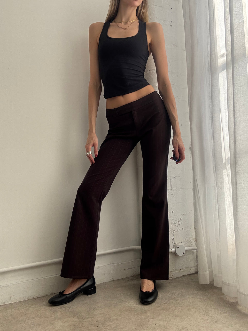 Vintage Y2K dark brown pinstripe low rise trousers