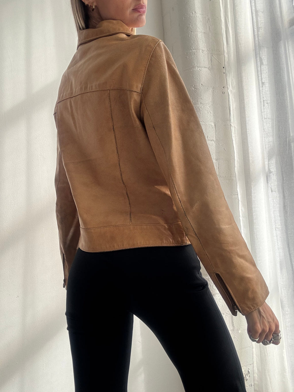Vintage Y2K Tan Brown Leather Zip Up Jacket - Size S