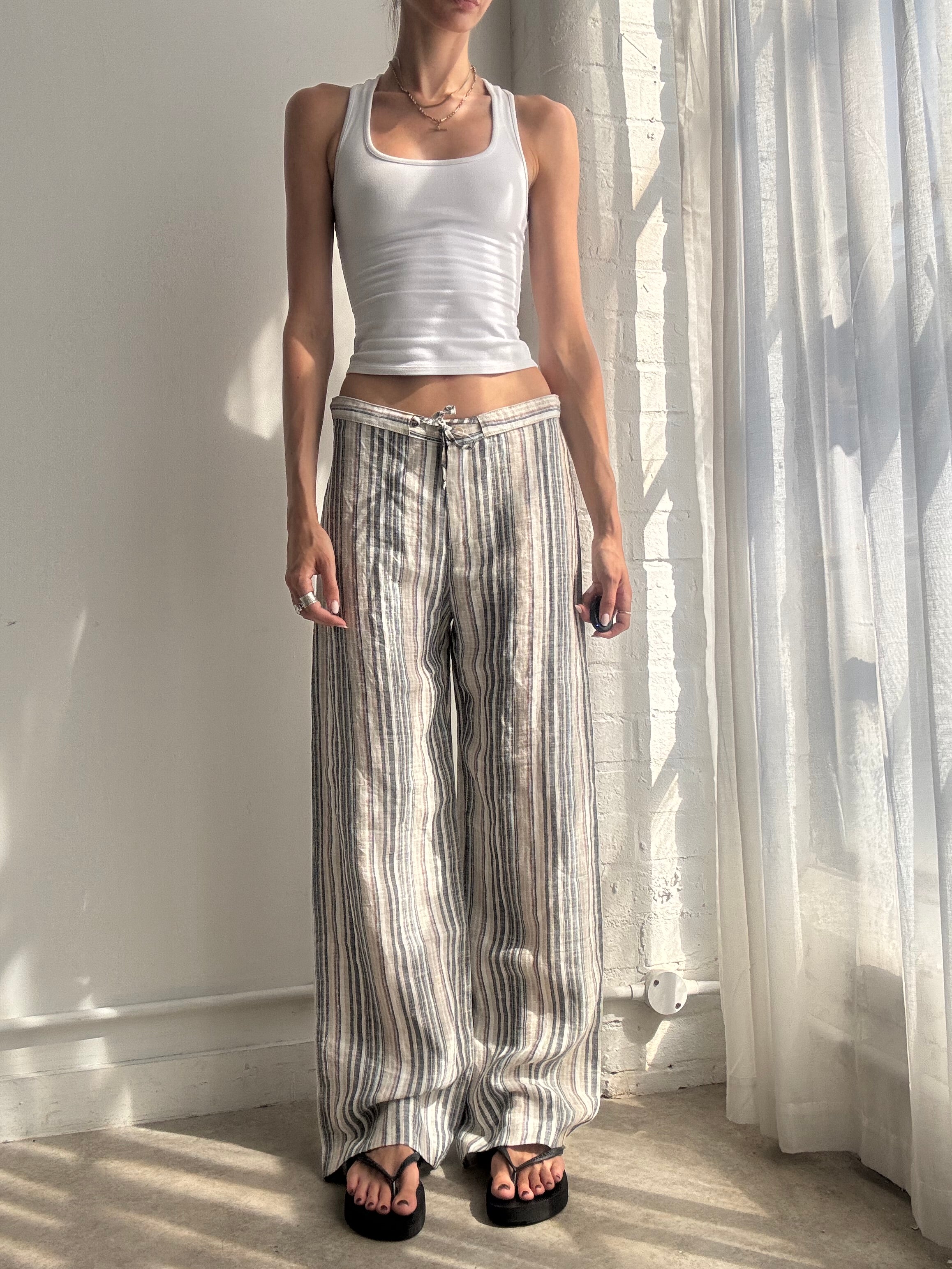 Vintage Y2K Linen Stripe Wide Leg Trousers - Size S/M