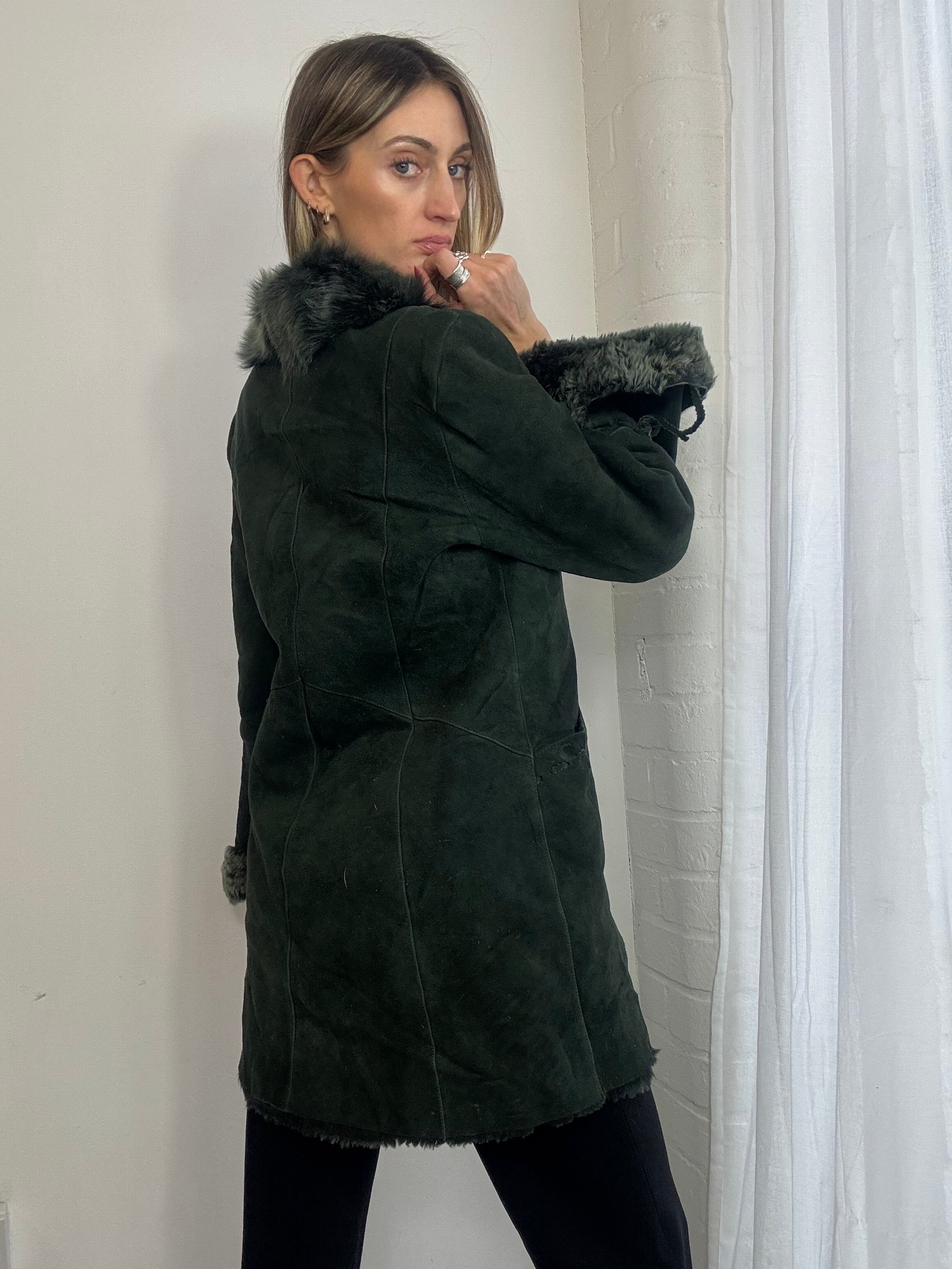 Vintage 90s dark green sheepskin suede coat