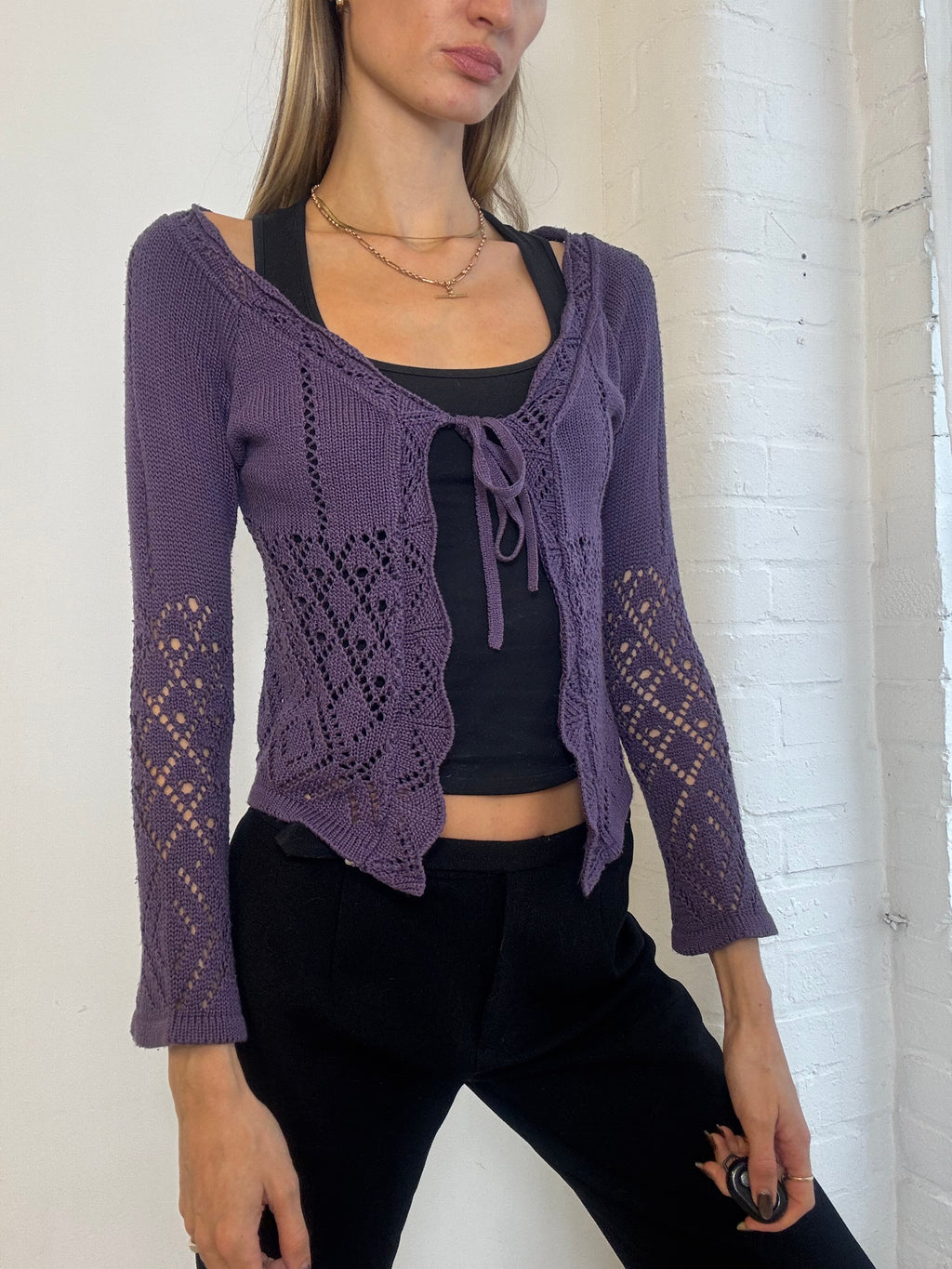 Vintage Y2K Purple Pointelle Knit Tie Front Cardigan - Size S