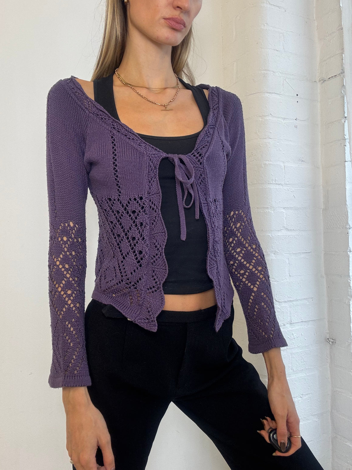 Vintage Y2K Purple Pointelle Knit Tie Front Cardigan - Size S