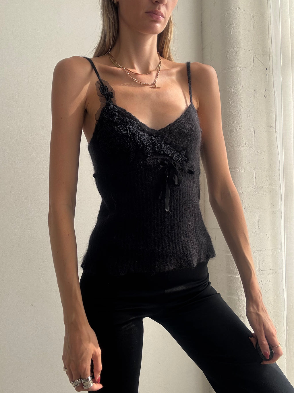 Vintage Y2K Black Knitted Wool Cami Top - Size S