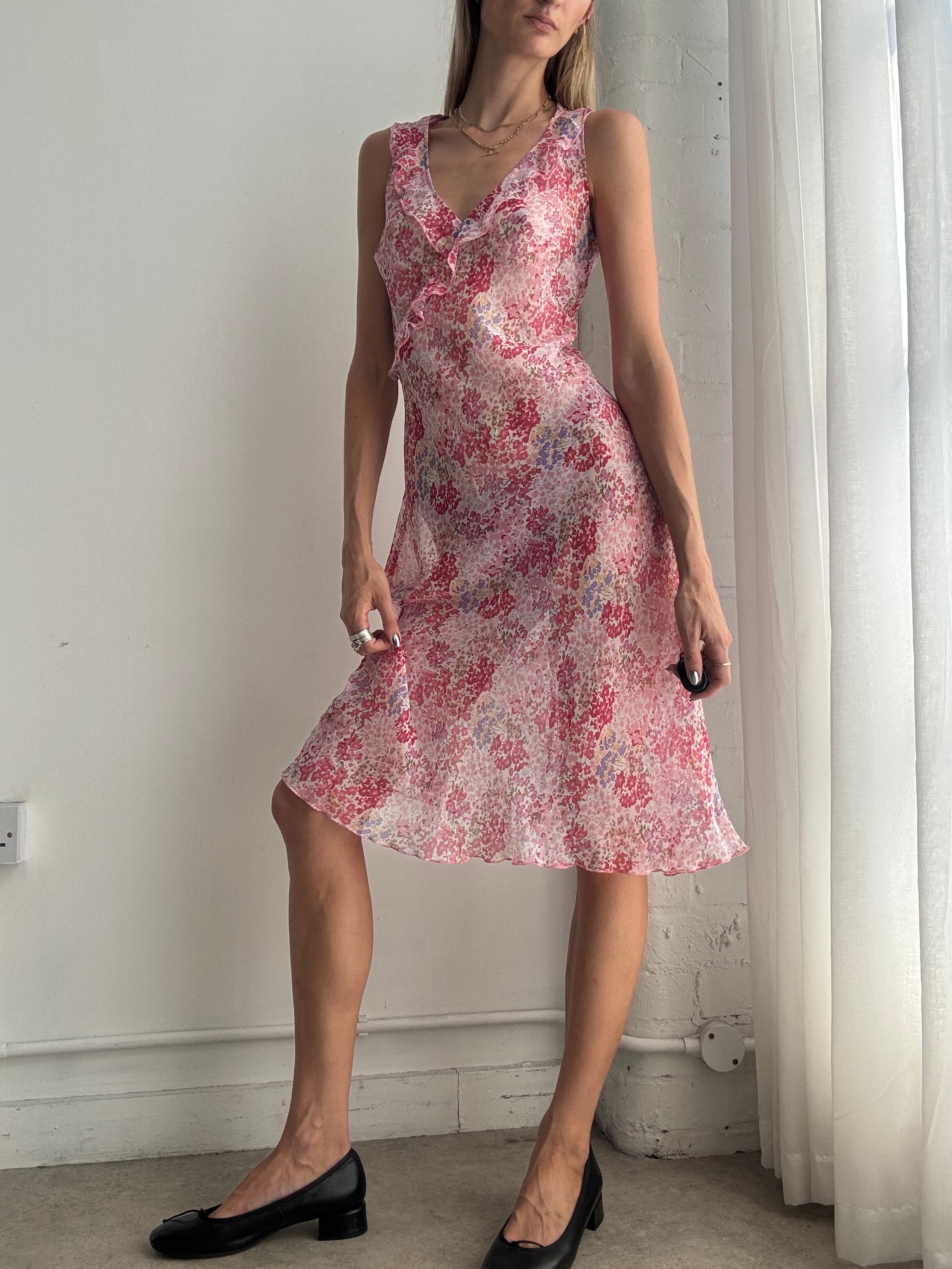 Vintage Y2K Pink Floral Bias Cut Mesh Midi Dress – Size M