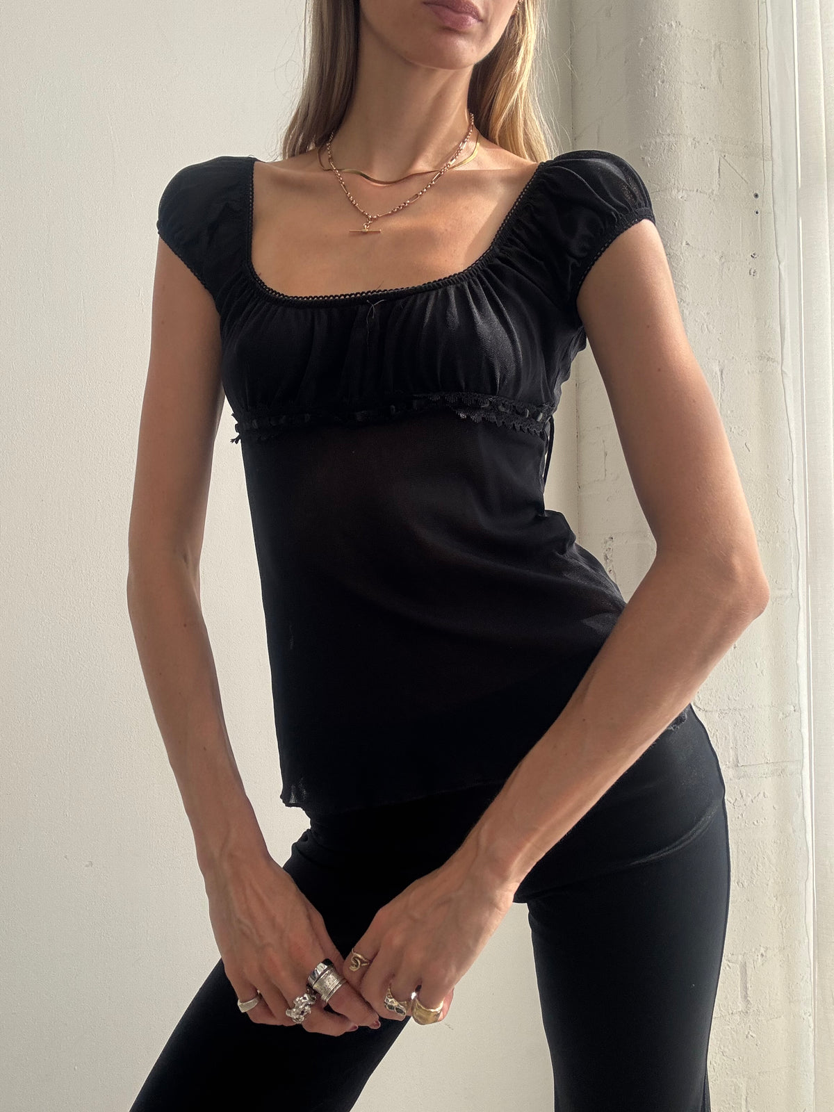 Vintage Y2K Black Mesh Ruched Cap Sleeve Top - Size XS