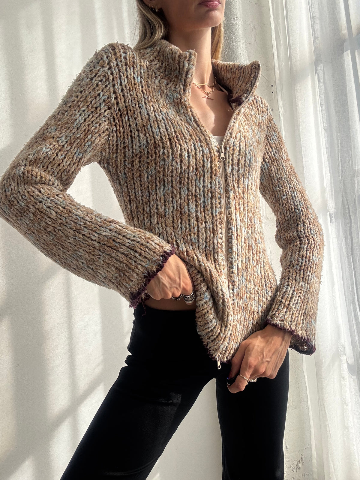 Vintage Y2K Multicolour Textured Knit Dual Zip Up Cardigan - Size M