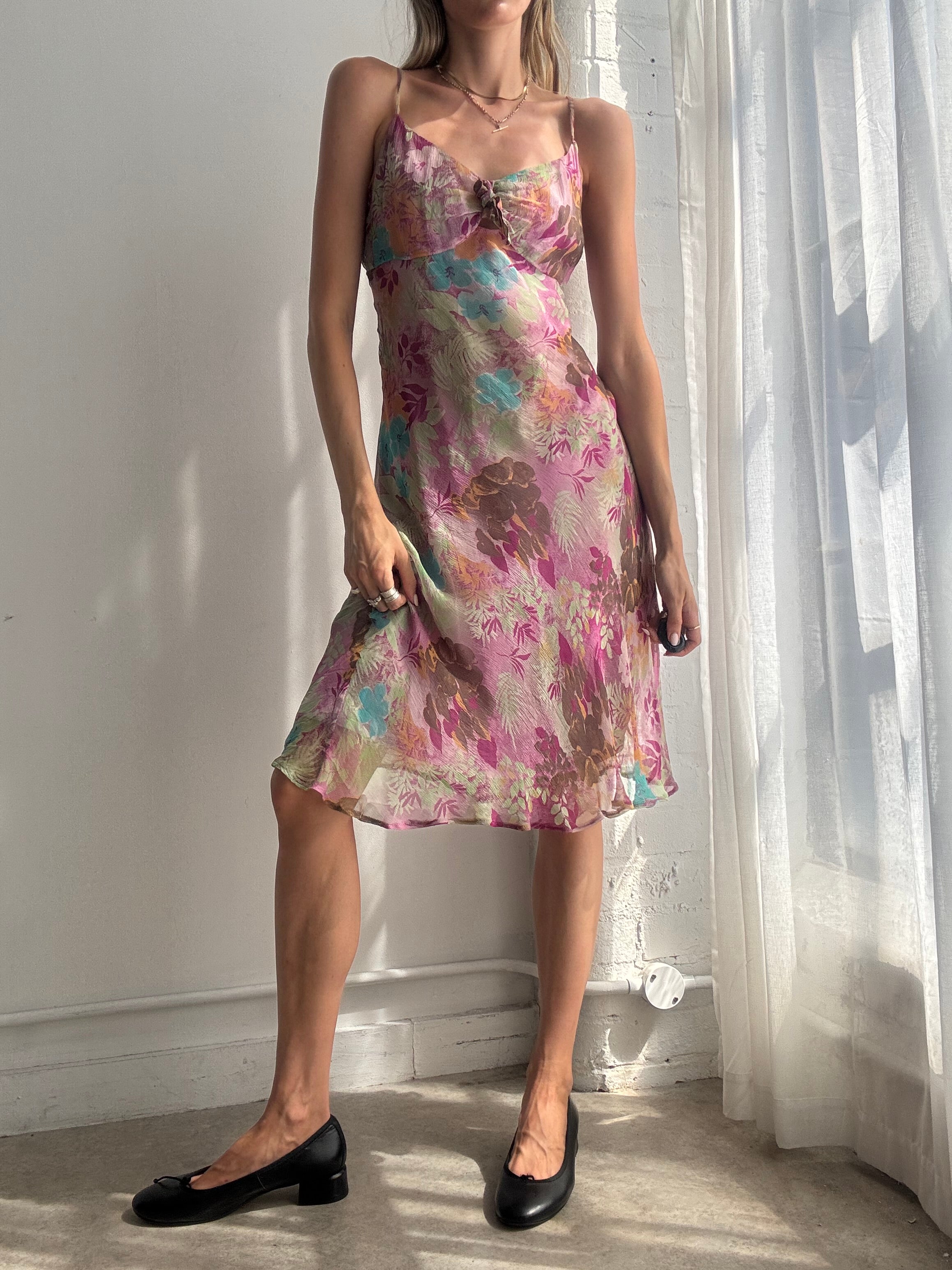 Vintage Y2K Pink Floral Silk Slip Dress - Size M/L