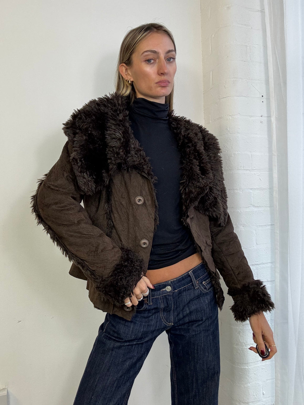 Vintage Y2K faux fur asymmetric jacket