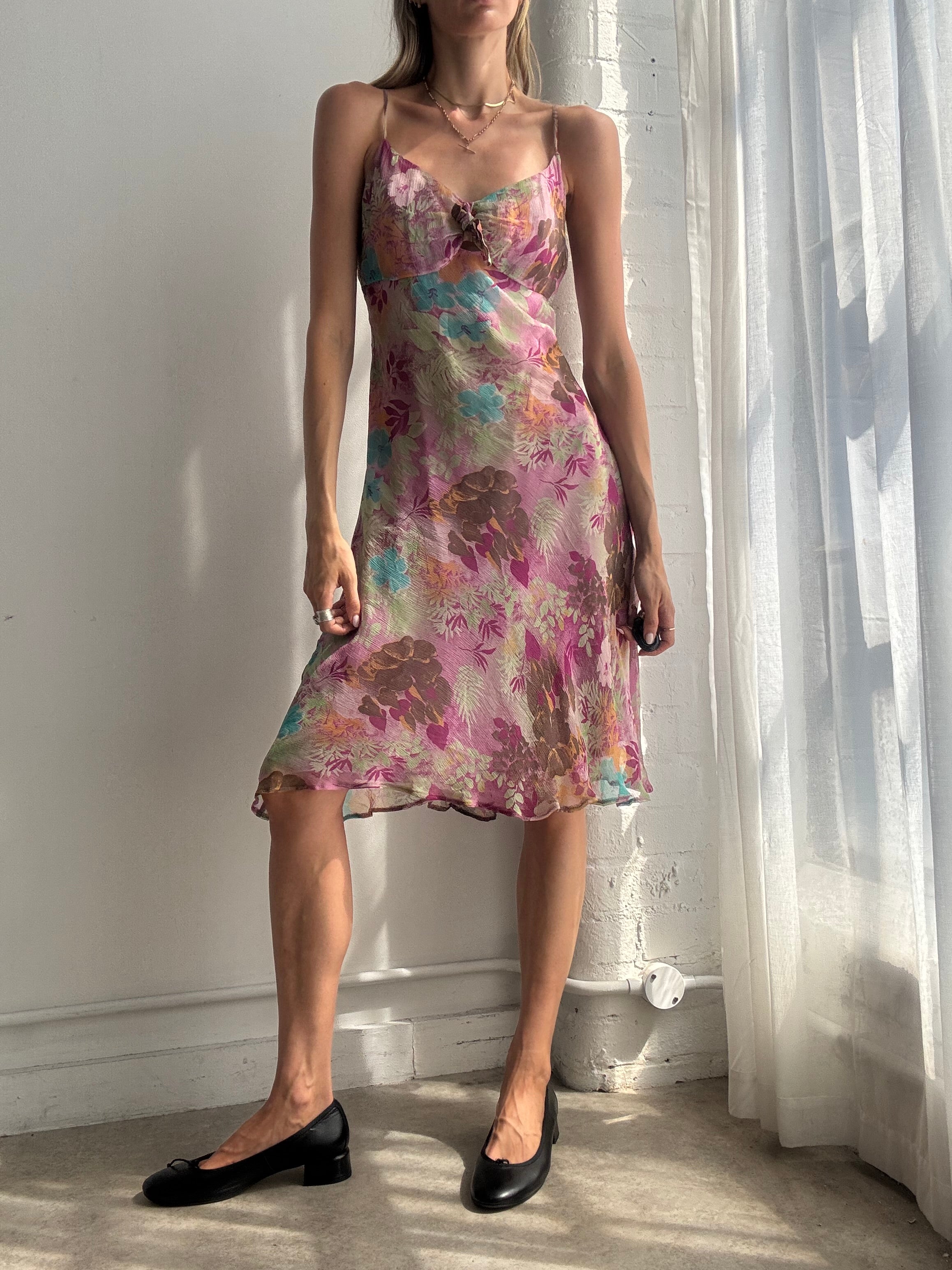 Vintage Y2K Pink Floral Silk Slip Dress - Size M/L