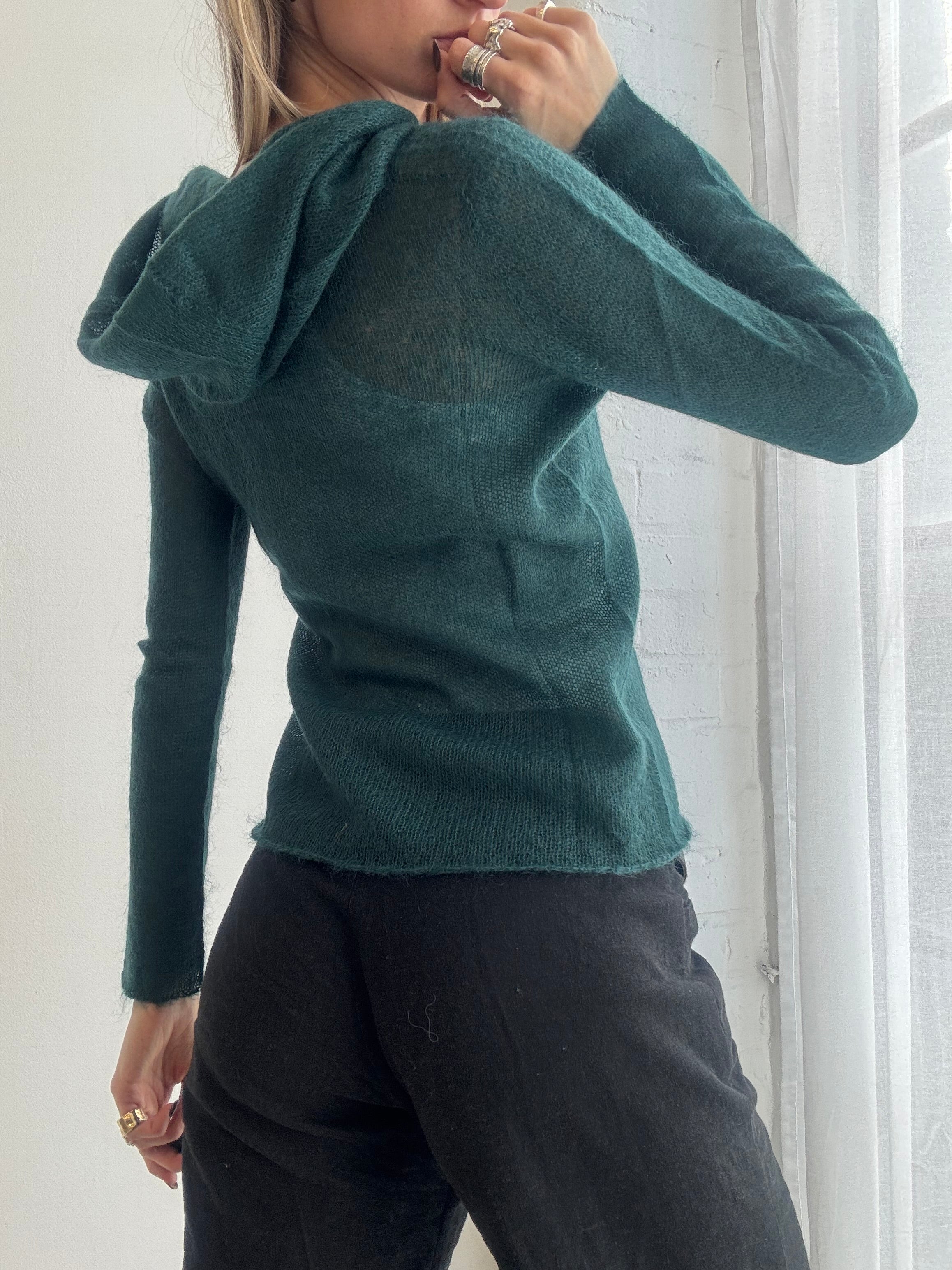 Vintage y2k dark green lightweight semi sheer wool knit hooded top - Size M