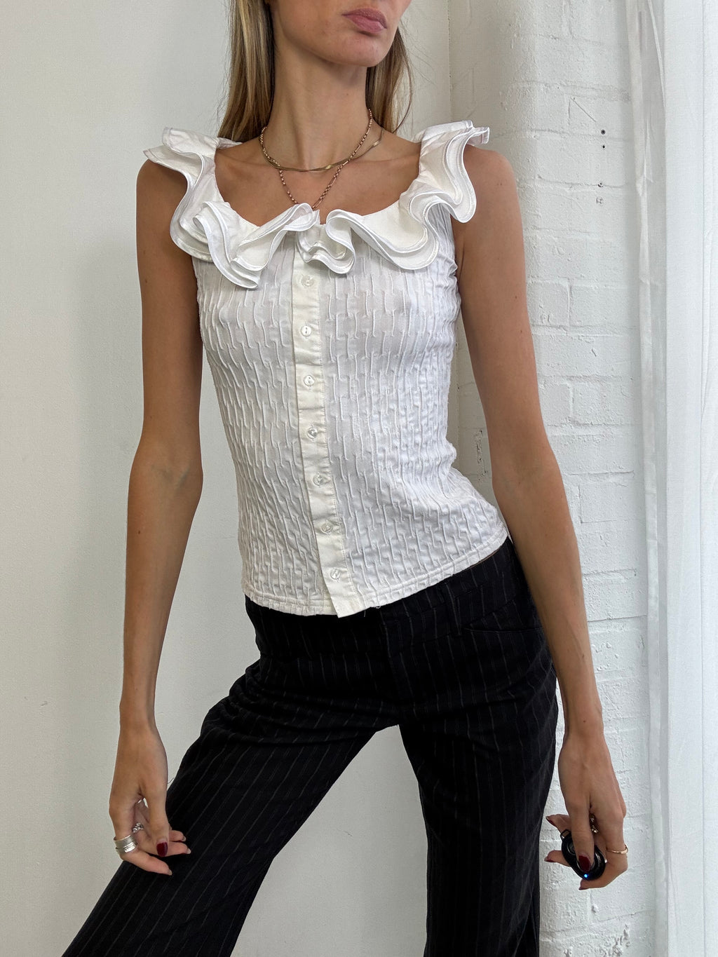 Vintage 90s white ruffle button up top