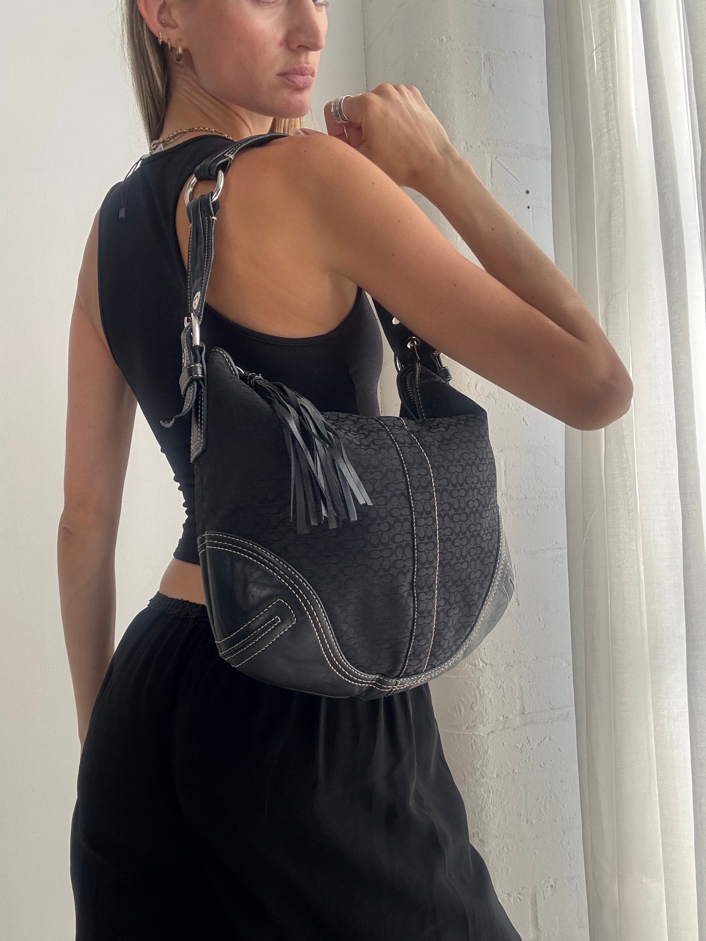Vintage Y2K Coach Signature Hobo Bag – Black Monogram Canvas Tassel Shoulder Bag