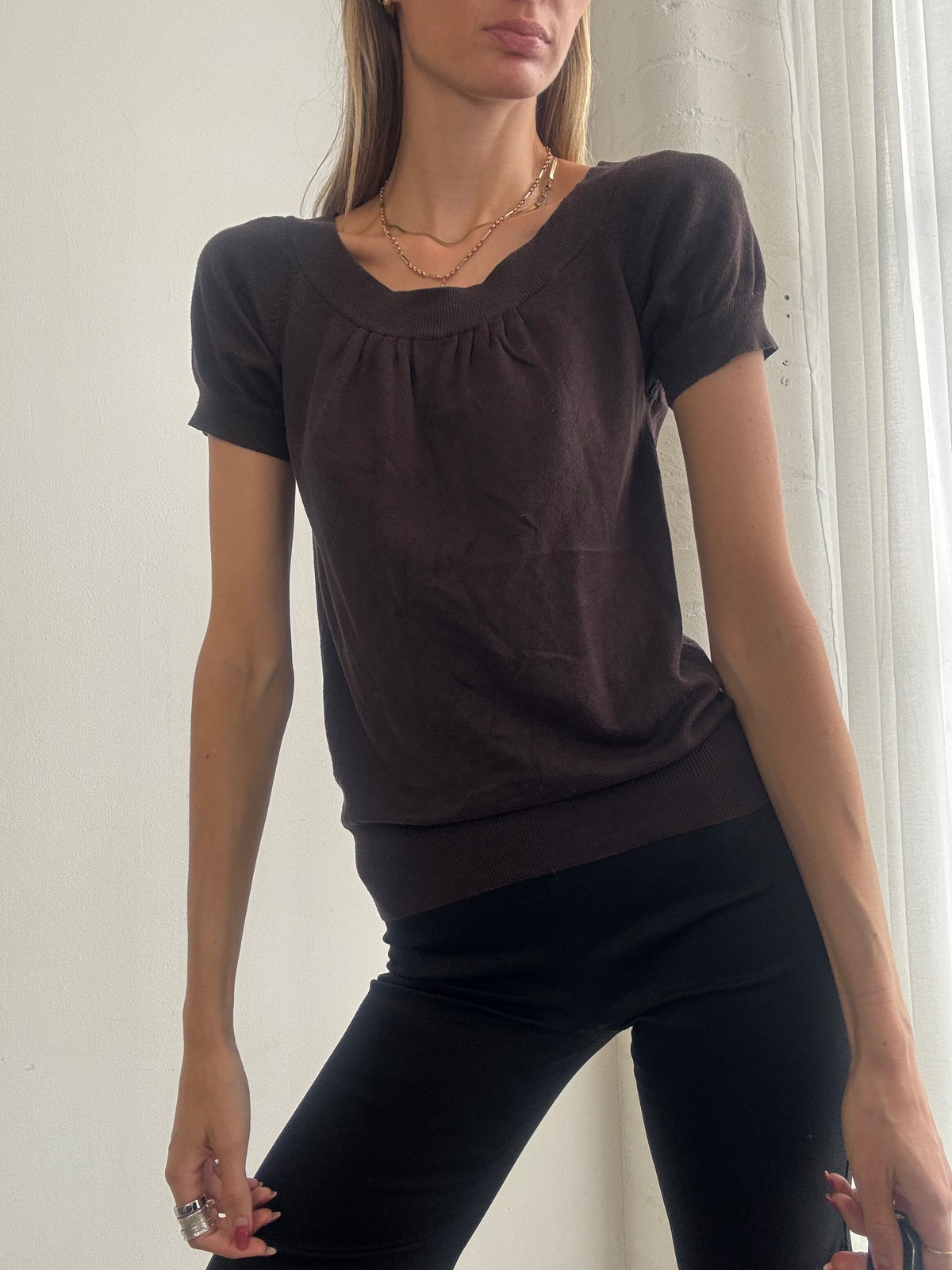 Vintage Y2K Chocolate Brown Gathered Short Sleeve Top - Size S