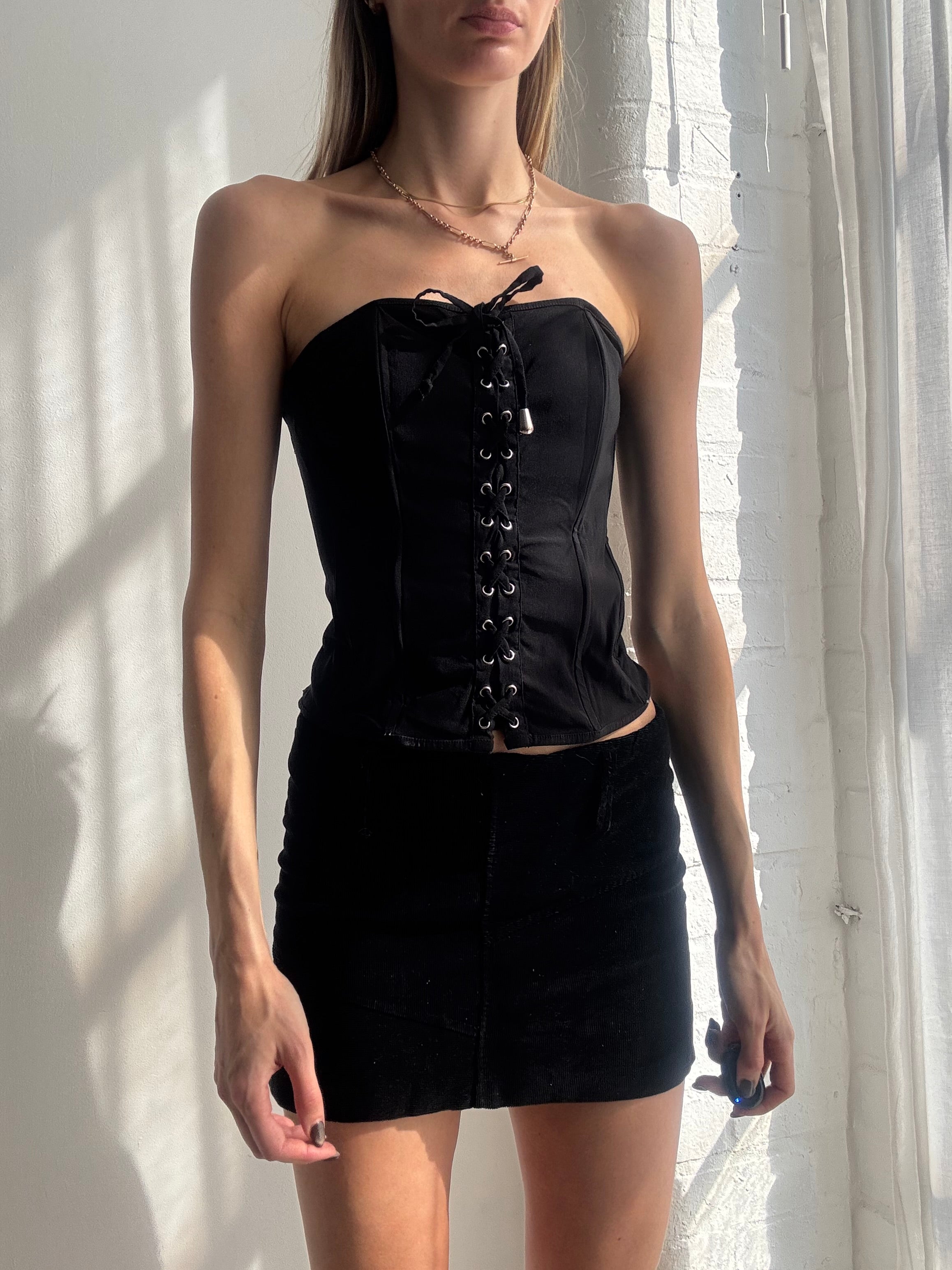 Vintage Y2K black satin lace up corset top - Size S